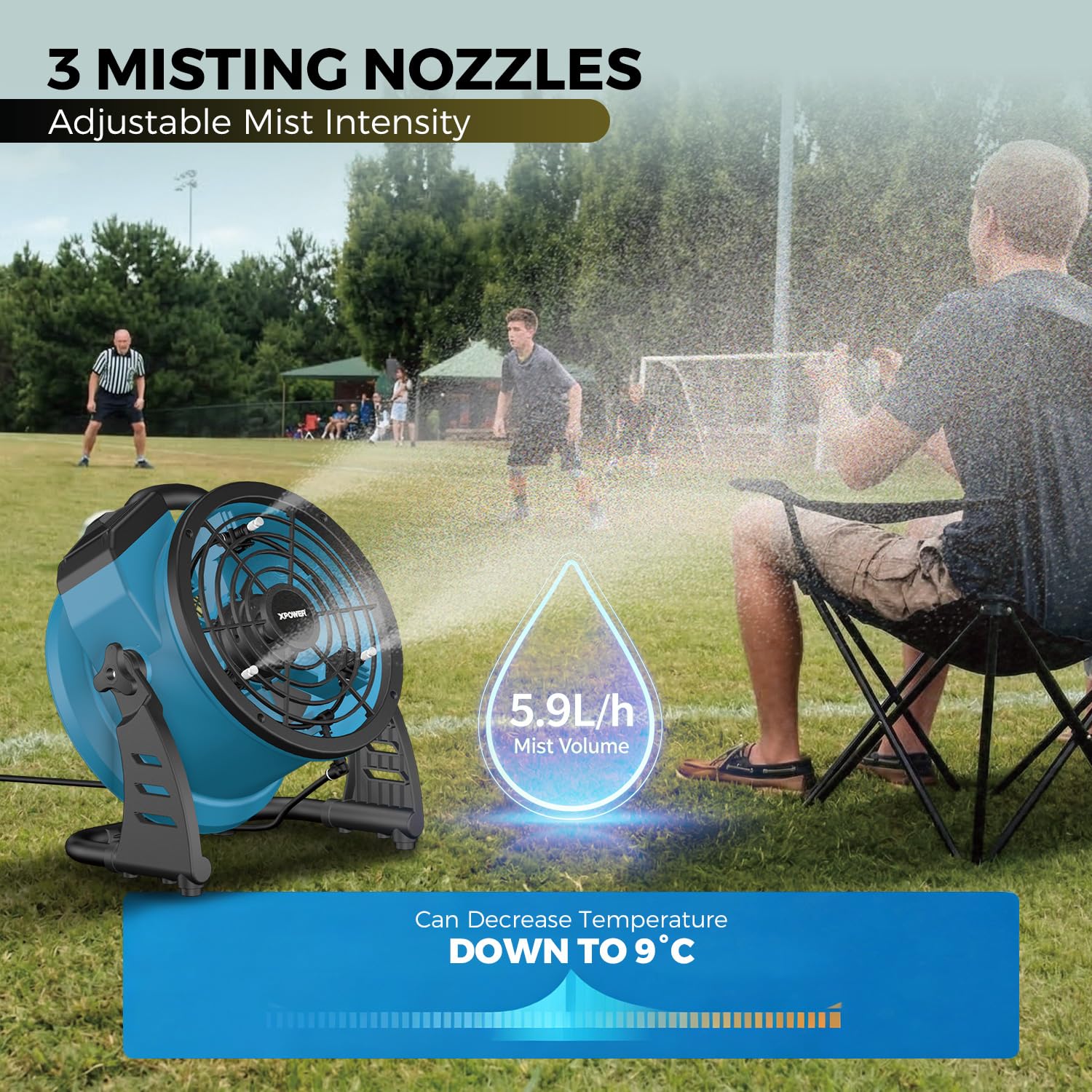 XPower Misting Fan Outdoor Cooling Oscillating Heavy Duty Powerful High Velocity Ideal for Camping, Patios Picnics & More (FM-65)
