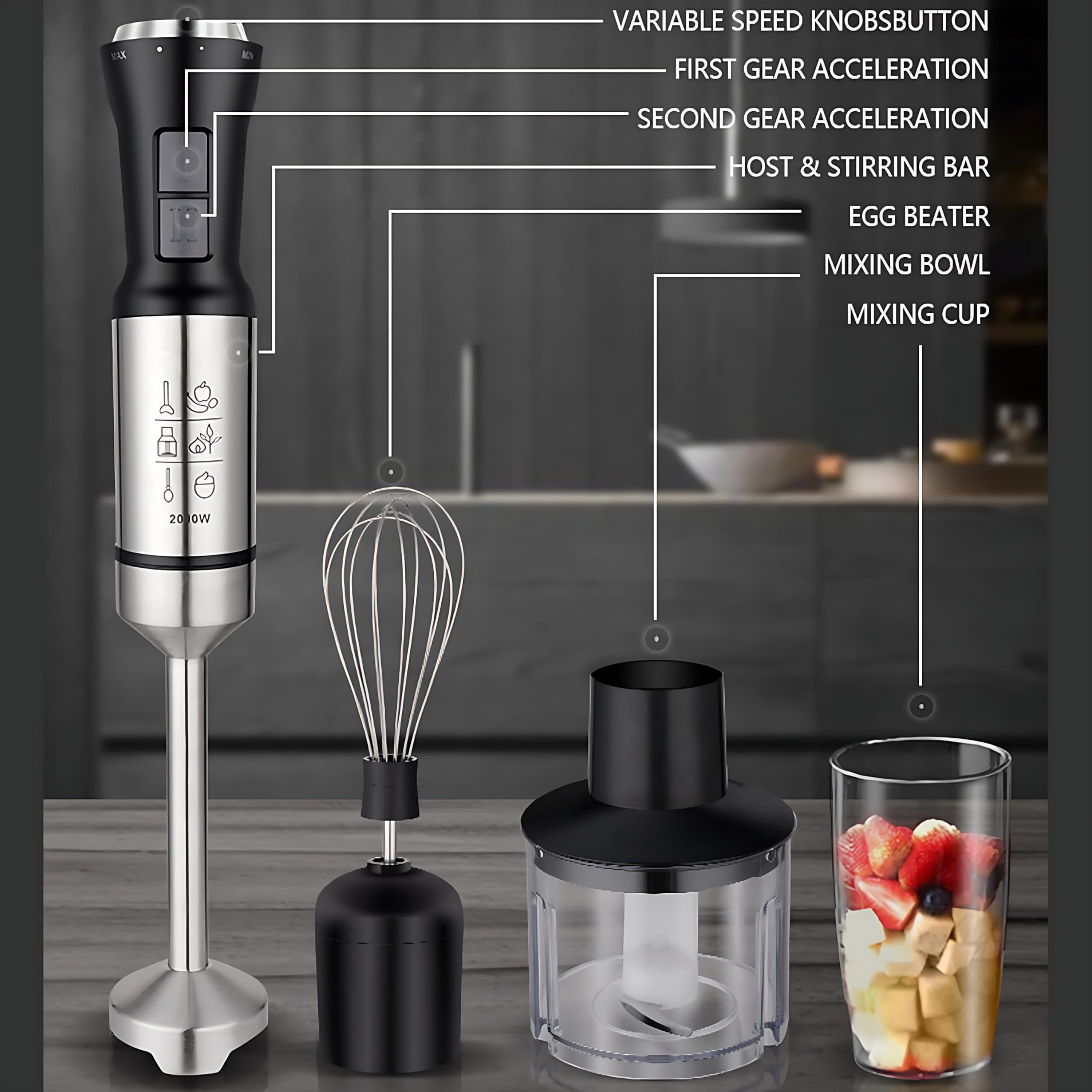 Blender ręczny 2000 W, blender kielichowy 4 w 1, zakrzywione 4 ostrza ze stali nierdzewnej, duże pokrętło sterujące z 2 prędkościami i ubijaczką do jajek, kubek do miksowania 700 ml