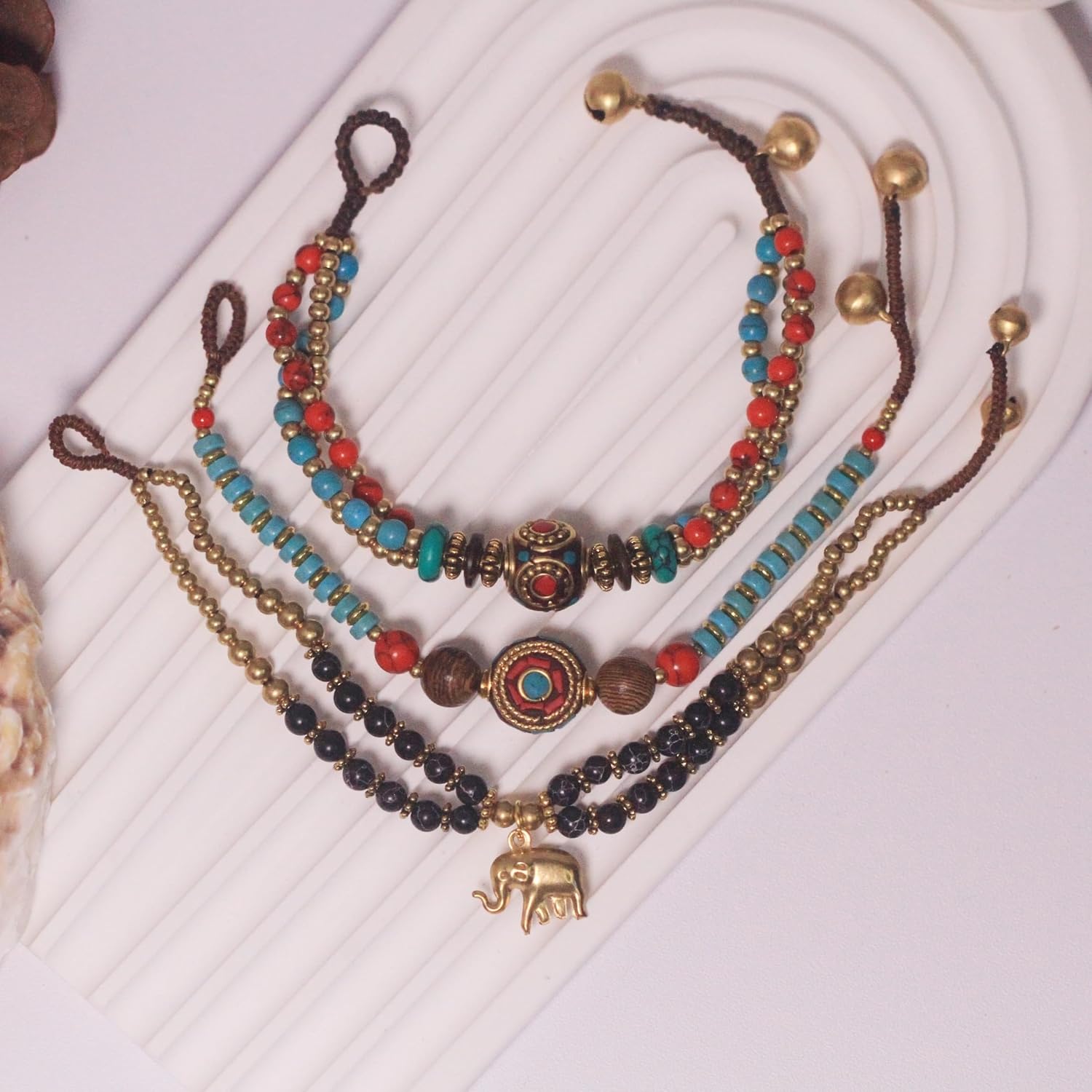 Petite Adjustable Boho Bracelet for Small Wrists 6-7.5 Inch - Handmade Nepalese Buddhist Prayer Bracelet with Elephant Charm, Brass Bell, Turquoise Stone & Tibetan Mantra Beads, Spiritual Lucky Gift - Image 2