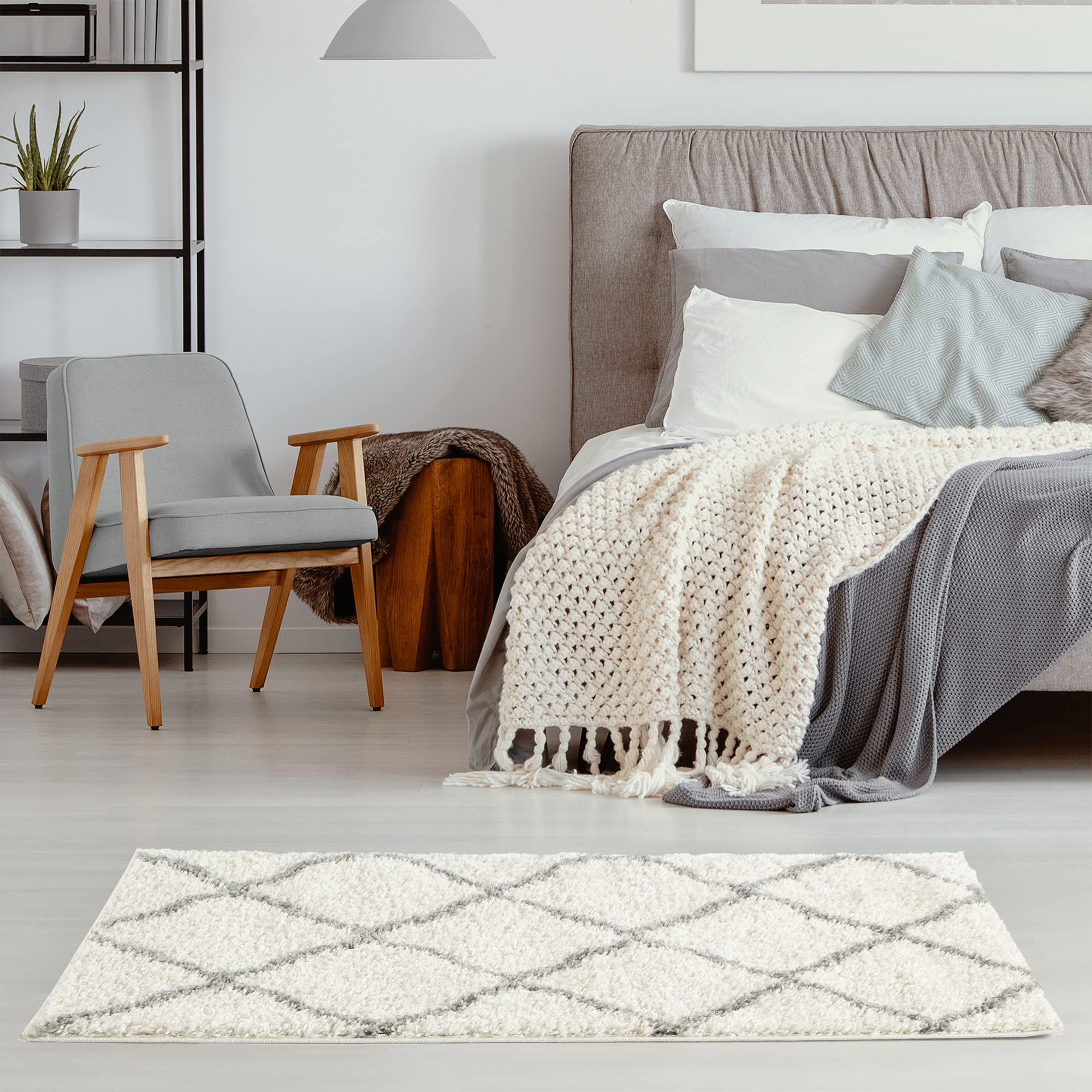 THE RUGS Shaggy Rug, Modern Moroccan Design Rugs for Living Room Bedroom, Hallway, 3 cm Thick Area Rugs, (Moroccan Ivory/Grey - Image 4
