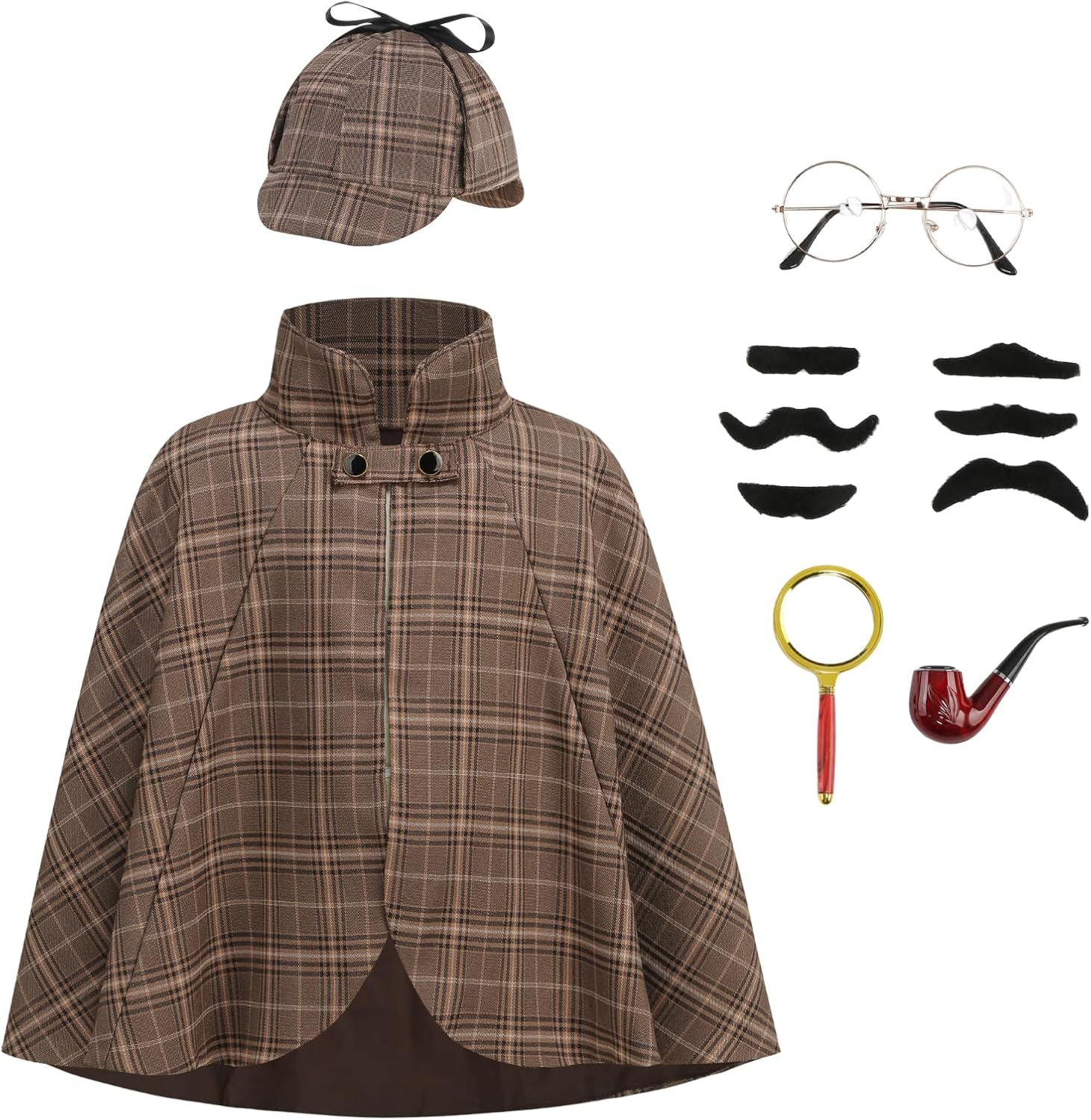 yolsun Detective Costume for Kids, Sherlock Holmes Costume 6 Pcs with Detective Cape and Hat Halloween Fun Detective Outfit
