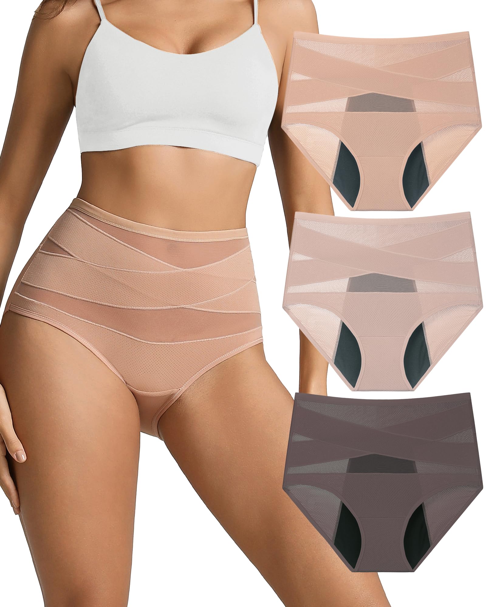 Women Period Underwear High Waisted Tummy Control Panties with Cross-Front Design Breathable Briefs Full Coverage