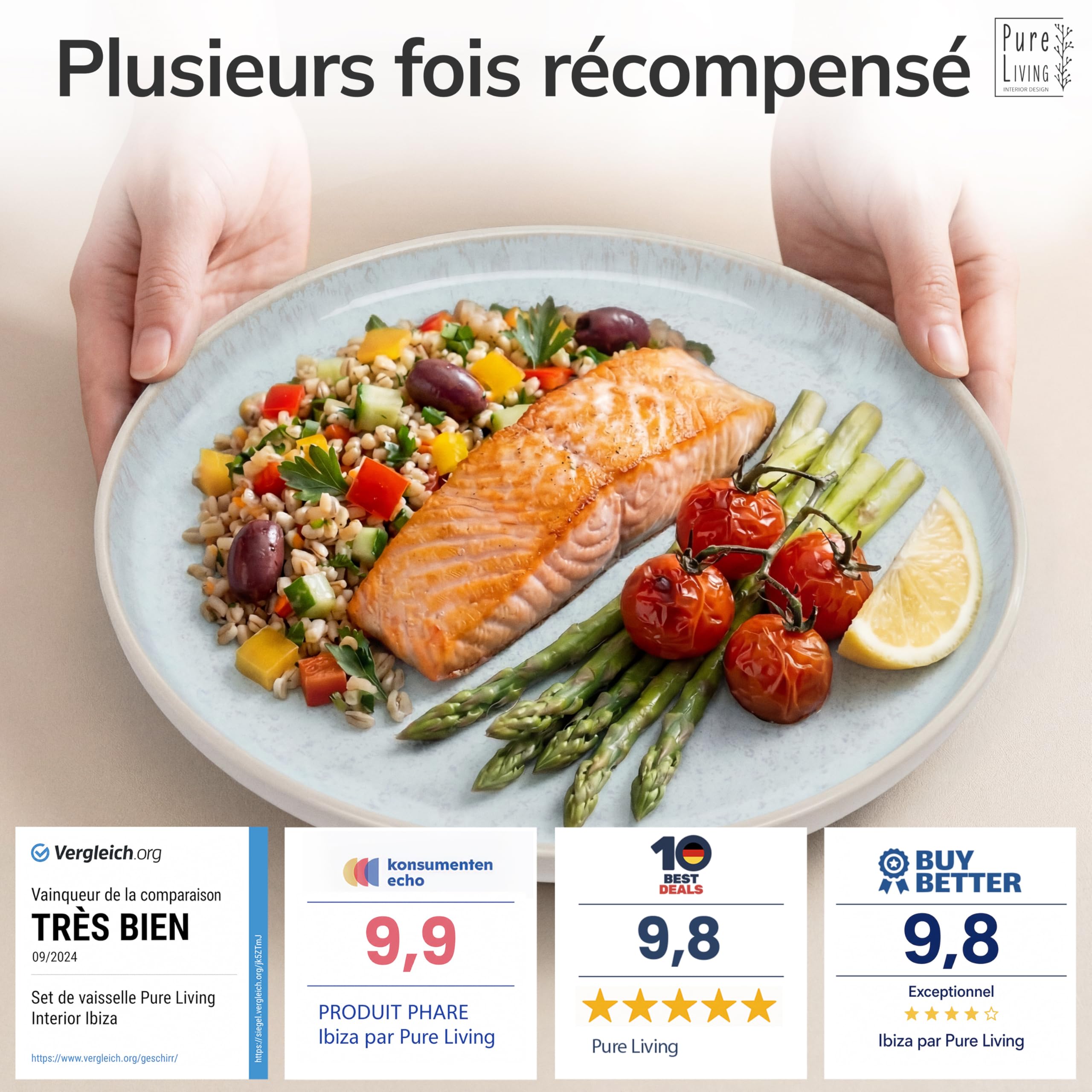 Service de Table Ibiza 24 Pièces: Vaisselle en Grès pour 6 Personnes, Adapté au Lave-Vaisselle et au Micro-Ondes, Pure Living Beige-Bleu