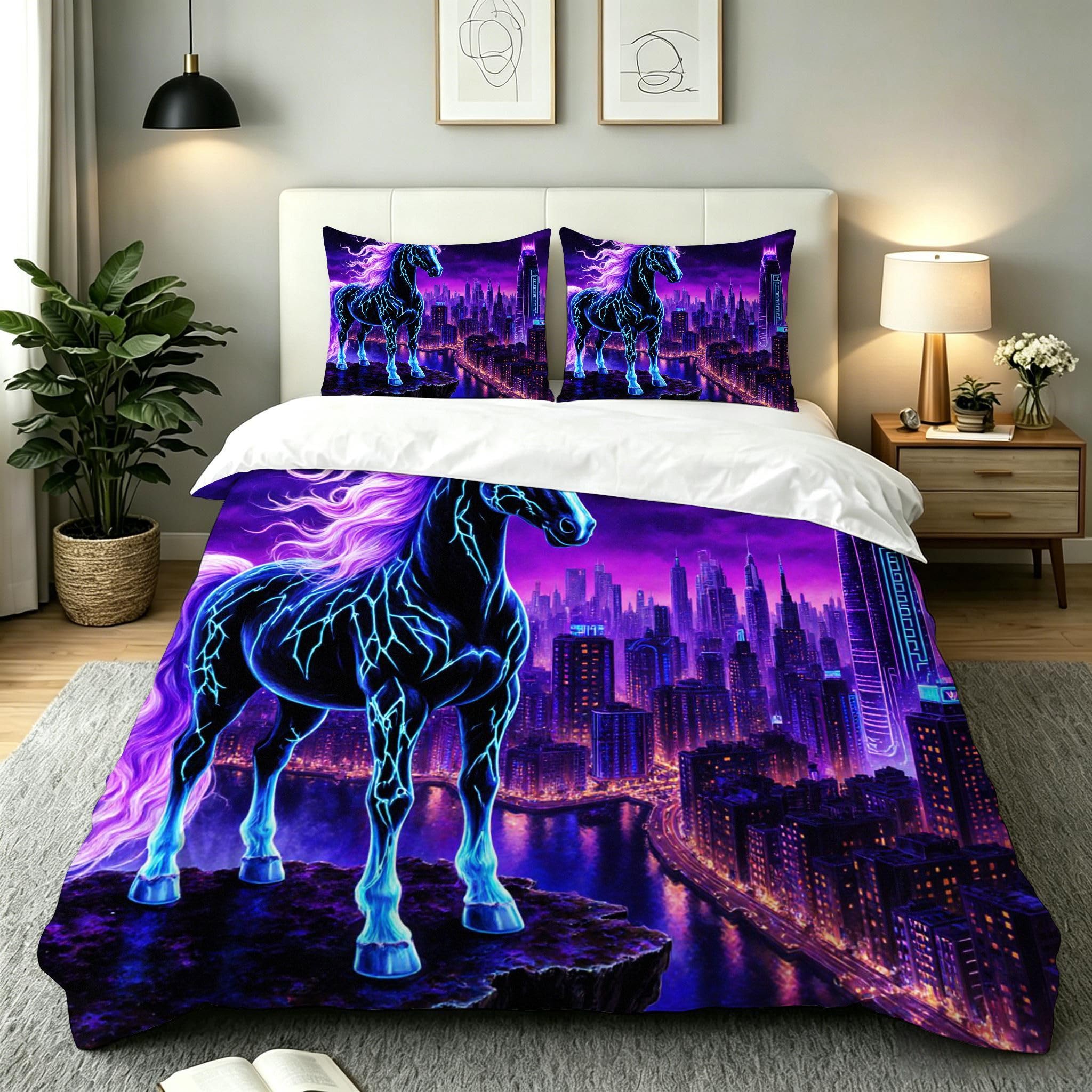 Funda Nórdica Cama 180, 240x260 cm Caballo Morado, AQ2298 | 3D Estampado, con 2 Funda Almohada, con Cremallera Oculta, para Adultos Parejas, para Villa Dormitorio, Ligero Transpirable