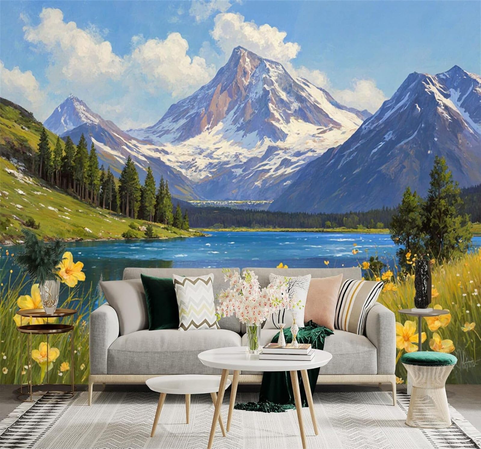 XLMING Snow Capped Mountains Lakes Pine Forests Yellow Wildflowers 3D Wallpaper Premium Textured Silk Study Dining Living Room Bedroom Sofa TV Wall Easy Install-400cm×280cm