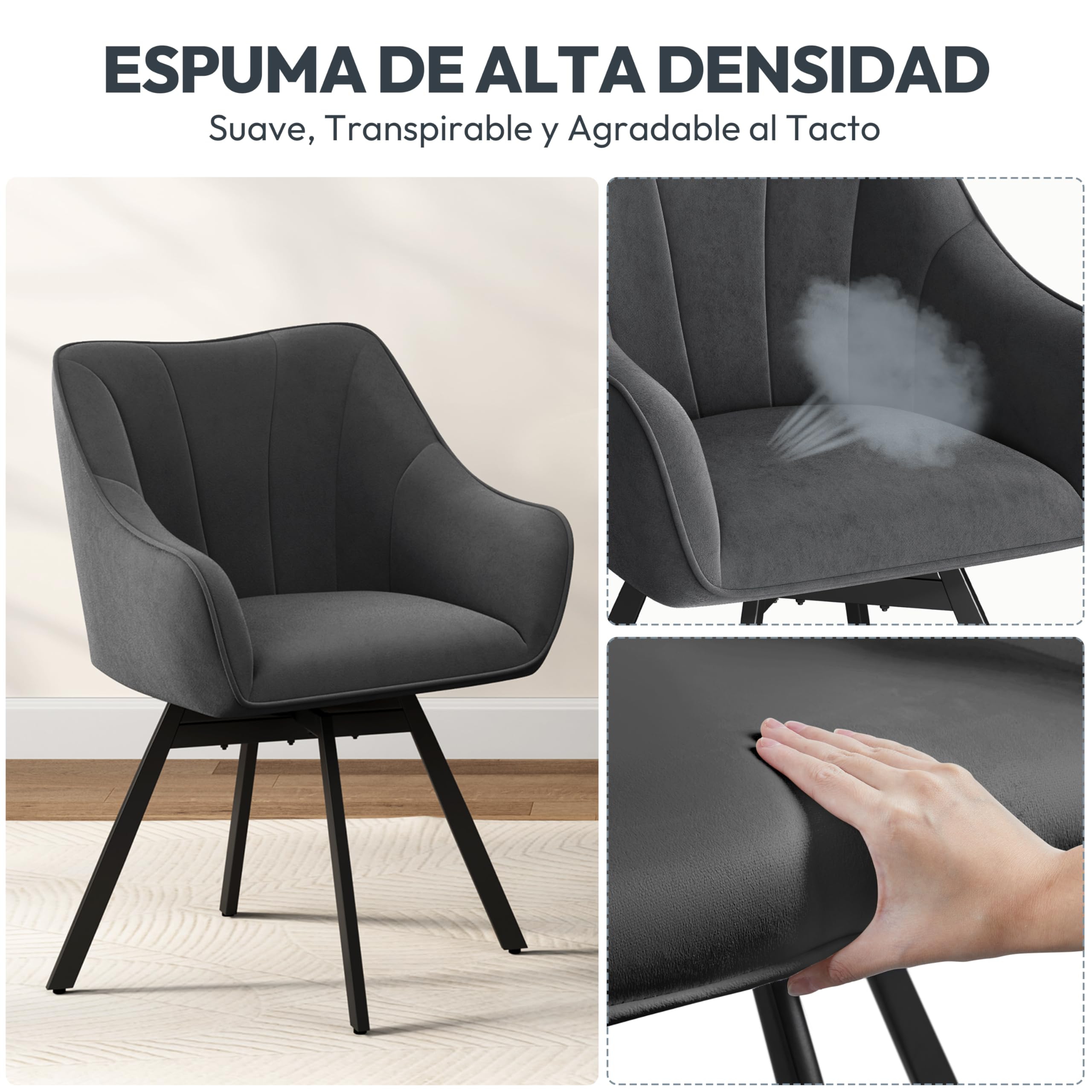 Yaheetech Silla de Comedor Giratoria con Reposabrazos Respaldo Sillón Auxiliar Moderno de Terciopelo con Patas Metálicas Asiento Giratorio para Cocina Salón (1, Gris Oscuro)