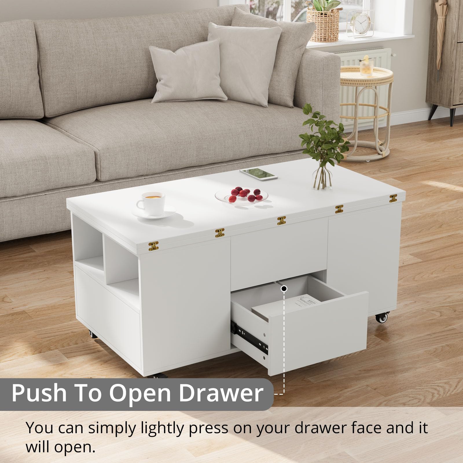 VOWNER Mesa de Centro Elevable Extensible (Blanco) | Multifuncional 3 en 1 con Cajón & 4 Taburetes para Comedor