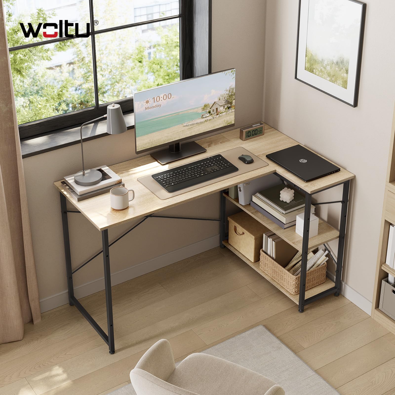 WOLTU Scrivania Ufficio a L Compatta, Rovere | con Libreria Integrata, Design Salvaspazio per Studio/Camera, 120x73x72 cm Naturale e Nero