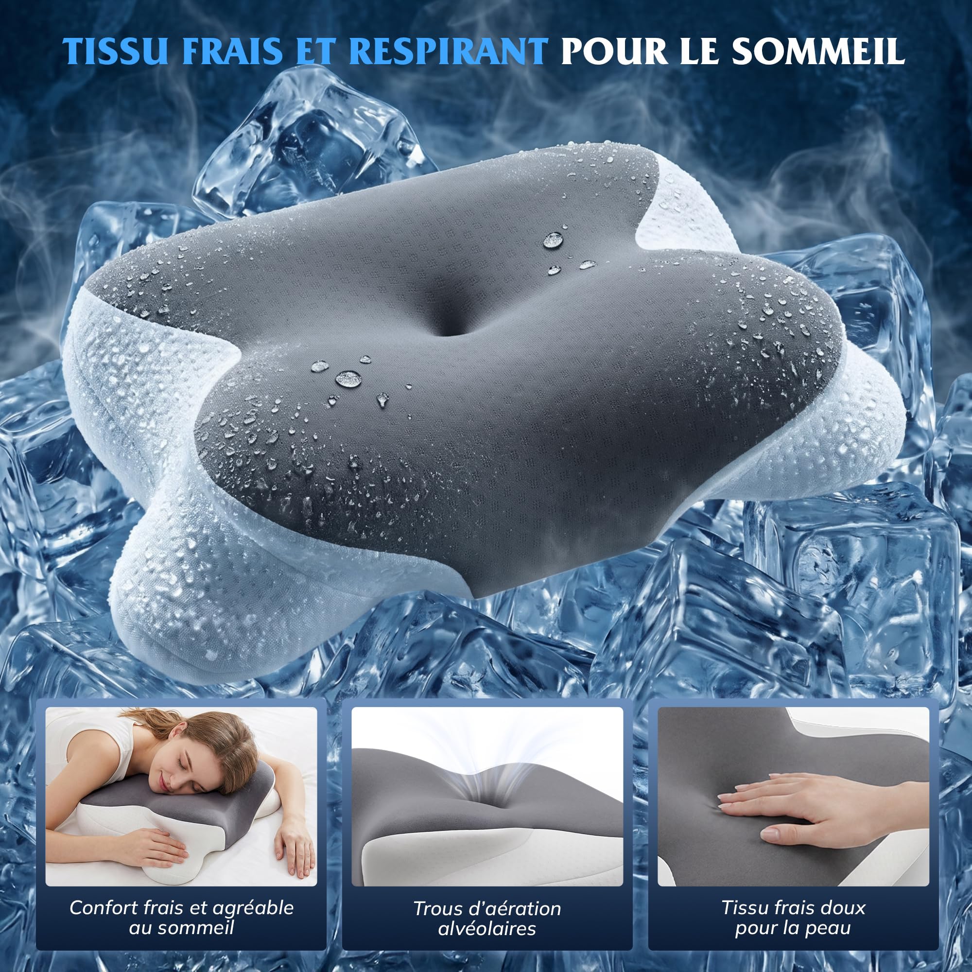 Oreiller Ergonomique en Mousse à mémoire de Forme, Forme Papillon | Double épaisseur 9cm / 12cm, housse amovible respirante pour dormeurs sur le dos, le côté et le ventre, 62 x 39 cm,Blanc&Gris
