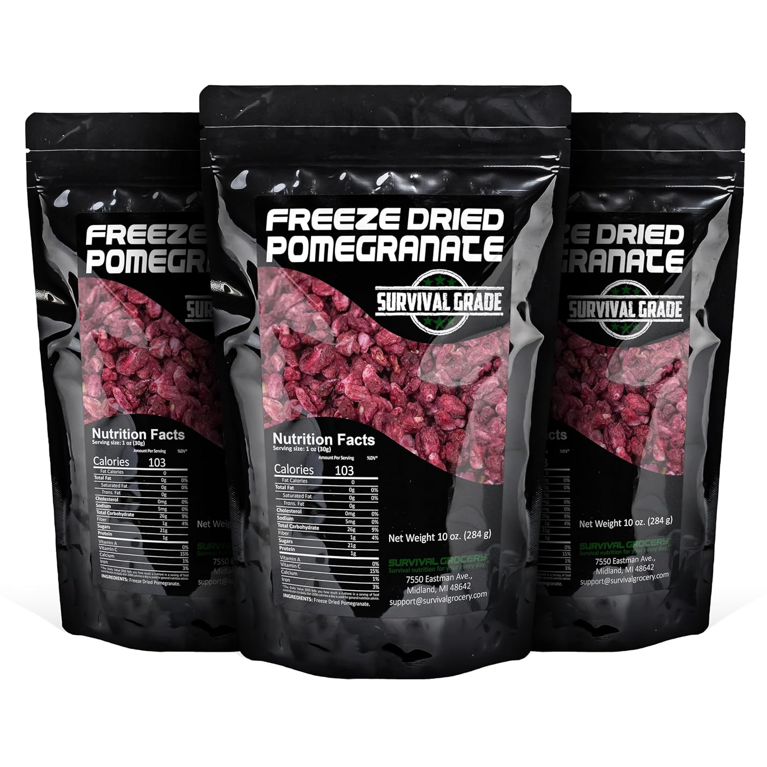 Survival Grocery® Freeze Dried Pomegranate Seeds/Arils – No Sugar Added, No Preservatives, Rich in Antioxidants & Vitamin C – Ideal for Oatmeal, Smoothies, Granola or Snacking (30 oz./3 Bags)