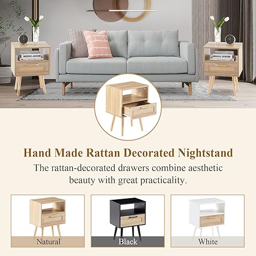 Miniatura 6 de LETESA Mesitas de noche de ratán, con cajón decorativo de ratán y estante abierto, mesas auxiliares de cama con pies de madera maciza, mesa