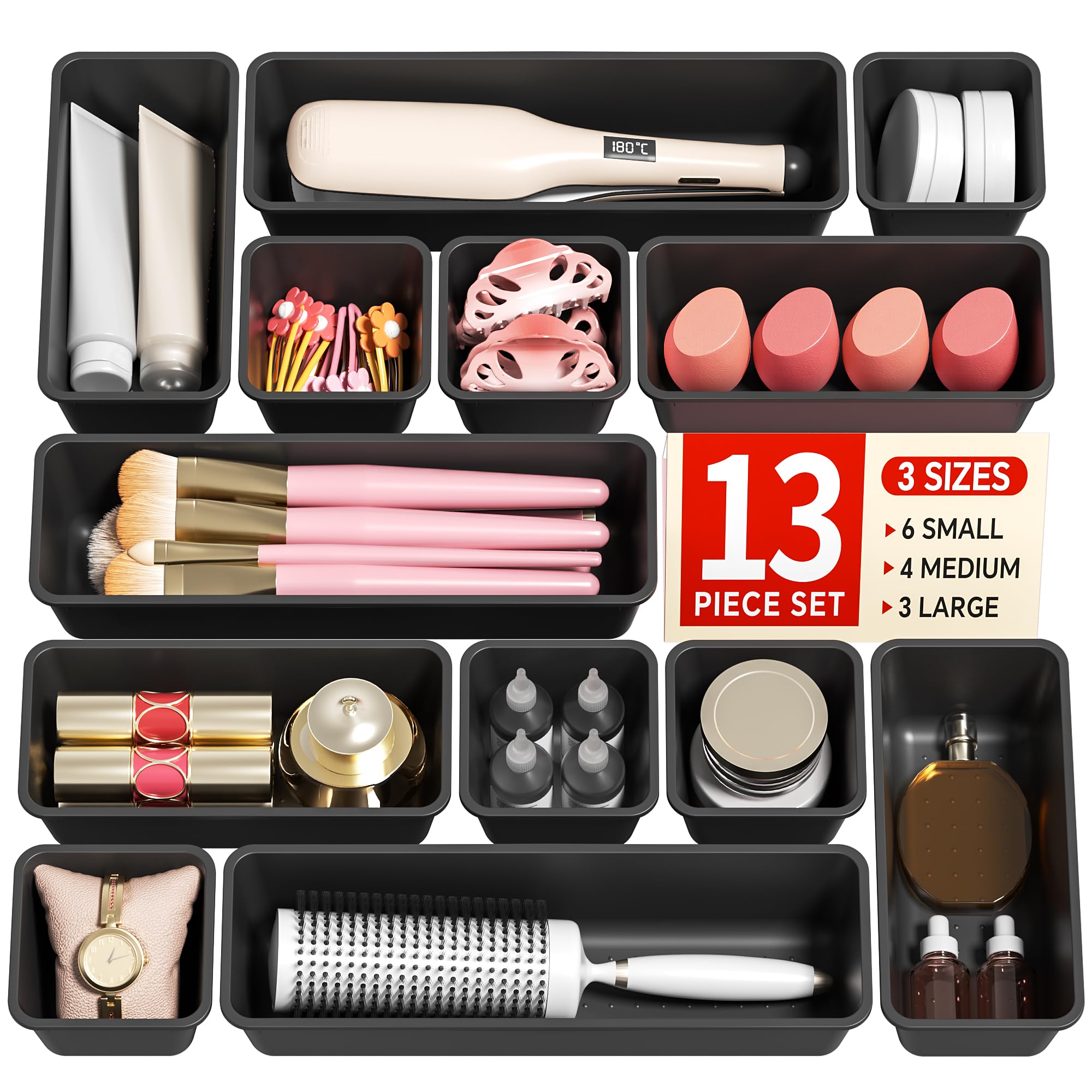 Canfanni 13 Pack Plastic Drawer Organizers Set, 3 Sizes Desk Drawer Organizer Trays for Vanity and Makeup Organizer, Organization and Storage for