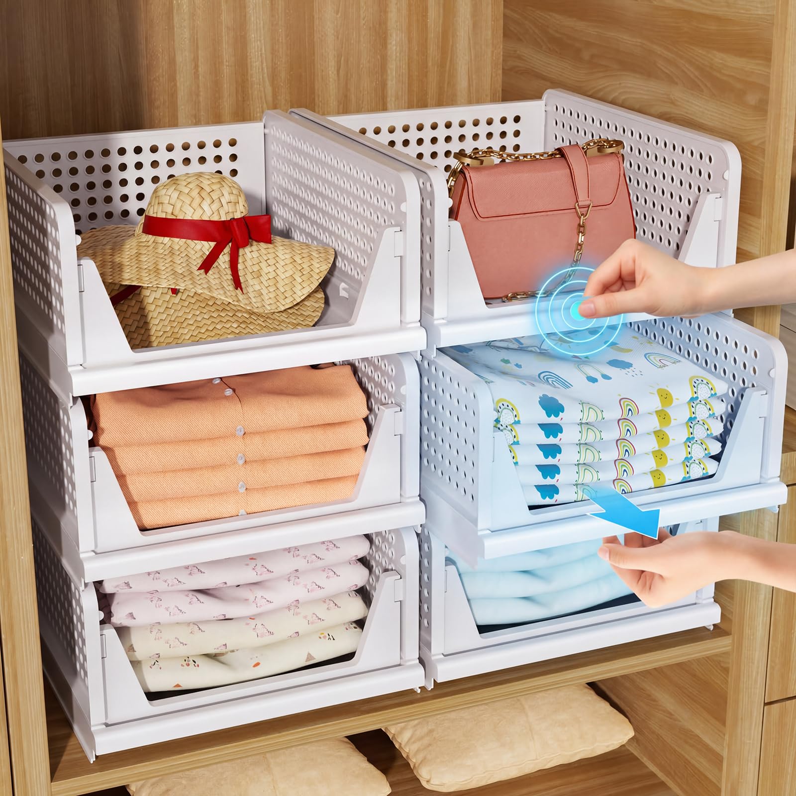 4 Pack Foldable Closet Organizer, Stackable Storage Boxes, Plastic Storage Baskets, Drawers for Bedroom, Kitchen and Bathroom Organization, White