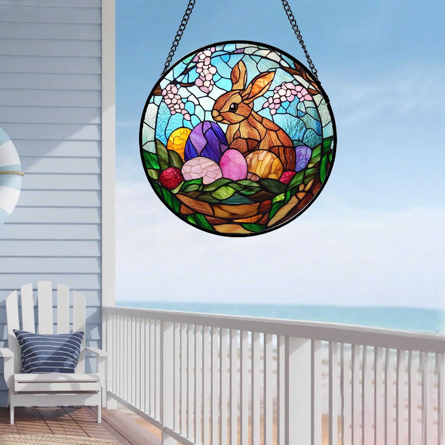 CHATYOUNG Stained Glass Window Hanging Bunny Easter Egg 6.3" - Suncatcher Door Garden Home Decor and Christmas Mother's Day Birthday Easters Gift for Grandma Nana Mom Women Wife Christian