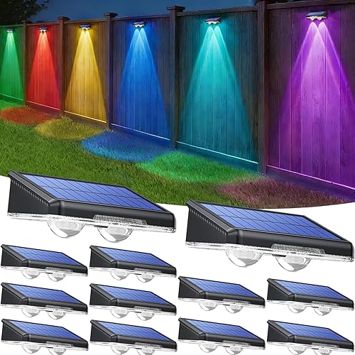 TECKNET - Luces solares de valla para exteriores, paquete de 12 unidades, blanco cálido y 6 colores y RGB, luz de cubierta LED impermeable IP66,