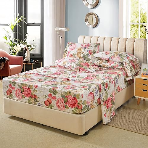 Miniatura 8 de ABREEZE Juego de sábanas Cal.King con estampado de flores ultra suaves con bolsillo profundo, sábana encimera, sábana bajera y fundas de almohada,