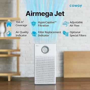 COWAY Air Purifier with Customised Airflow – MegaJet Technology for Targeted or Wide Coverage, Whisper-Quiet Sleep Mode 20dB, Removes 99.999% of particles up to 0.01 µm, CADR 402 m³/h – AIRMEGA JET