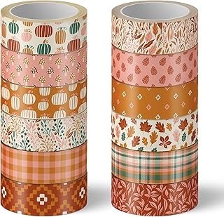 Whaline 12 Rolls Fall Pumpkin Washi Tape Autumn Leaves Boho Washi Masking Tape Thanksgiving Pumpkin Maple Leaf Print Decorative Craft Tape for Fall Scrapbook Gift Wrapping DIY Art Crafts, 16.4Ft