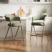 COLAMY Green Counter Height Bar Stools Set of 2 with Back & Armrests - Modern Upholstered Kitchen Island Stools, Metal Legs