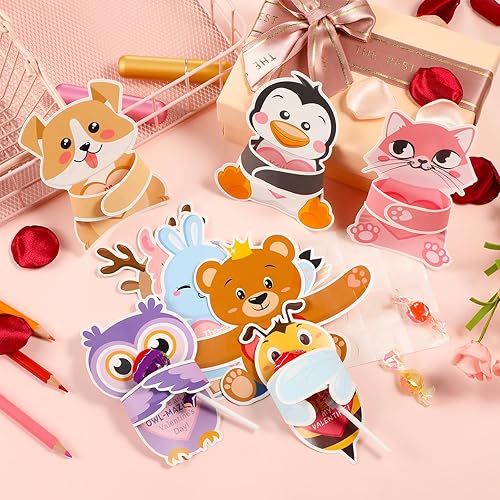 Miniatura 5 de Zonon 48 tarjetas del día de San Valentín con diseños de animales, regalos para niños, tarjetas de felicitación de San Valentín, soporte para
