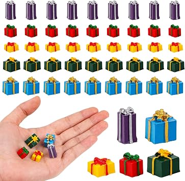 DIYASY 50 Pcs Christmas Miniature Figurines, Mini Crafts Resin Gift Boxes Ornaments Kit for DIY Xmas Fairy Garden Snow Globes Decor Village Accessories