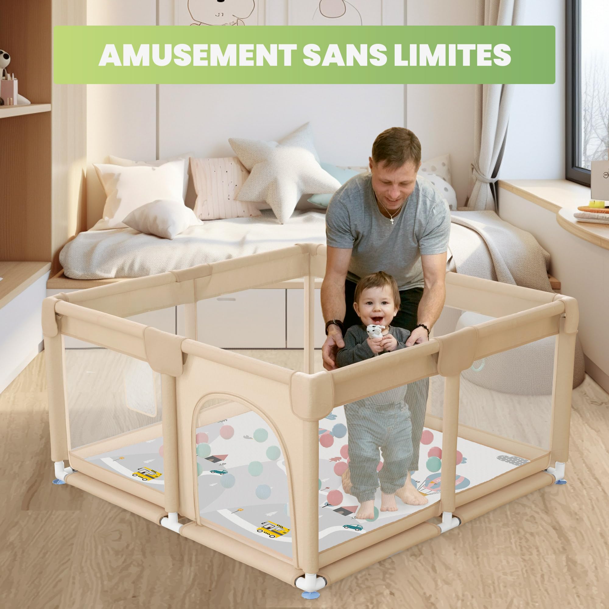 JUPPLIES Parc Bébé Sécurisé 120×120 cm – Aire de Jeu Carrée pour Enfant 6-24 mois, Filet Respirant 360°, Structure Stable Antidérapante (Beige avec tapis + balles)