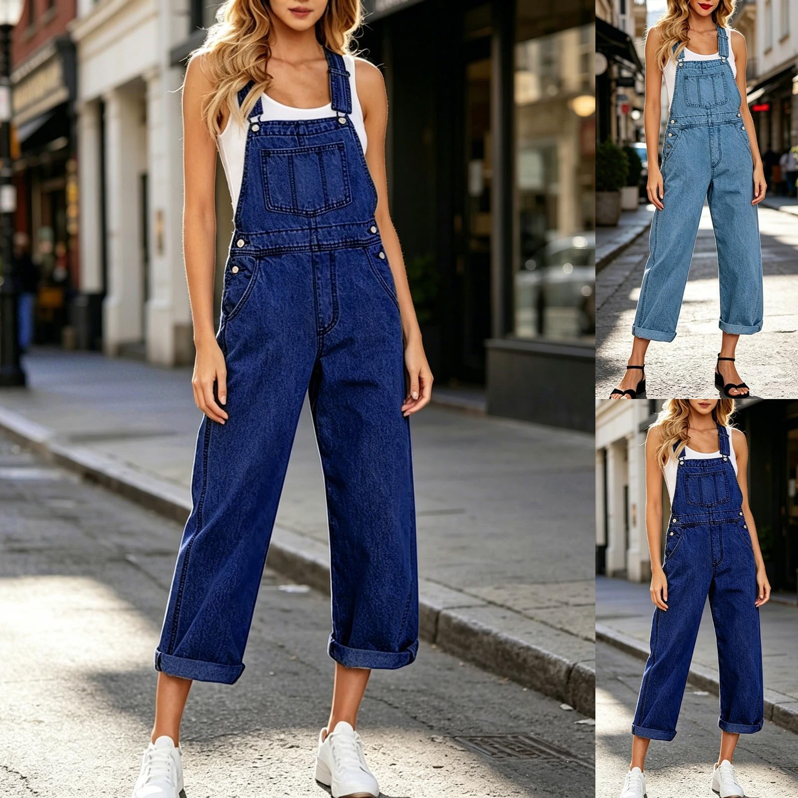Pantalones de peto para mujer Jeans con tirantes ajustables y bolsillos, mono holgado para el tiempo libre sin mangas pantalones largos monos mono casual pelele bolsillos holgados vaqueros mono