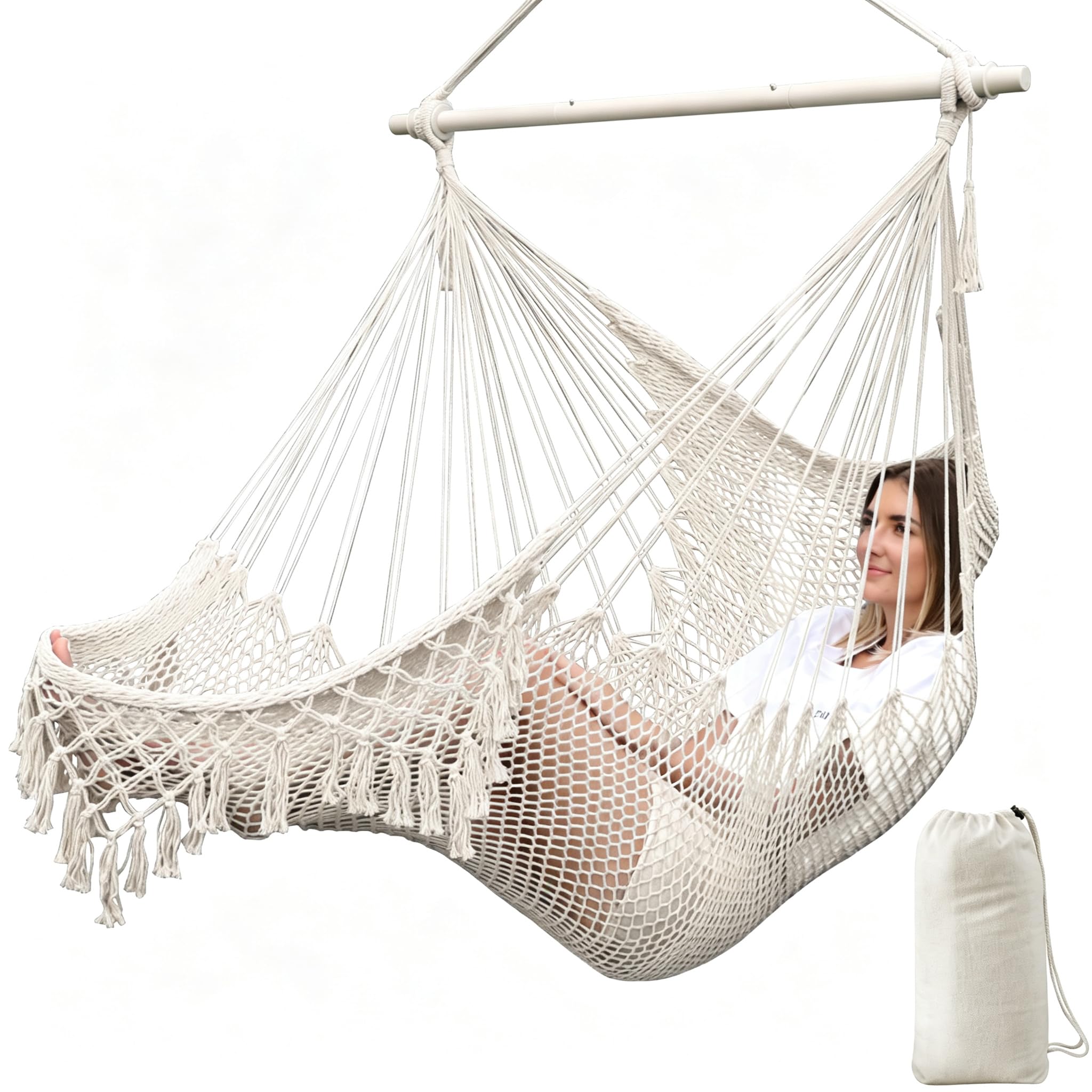 Chihee Columpios Hamaca Silla Súper Grande Silla Colgante Tejido de Cuerda de Algodón Hilado Suave, Colapsable Fuerte Barra de Metal Spreader Asiento Ancho Encaje Stretch Swing Silla