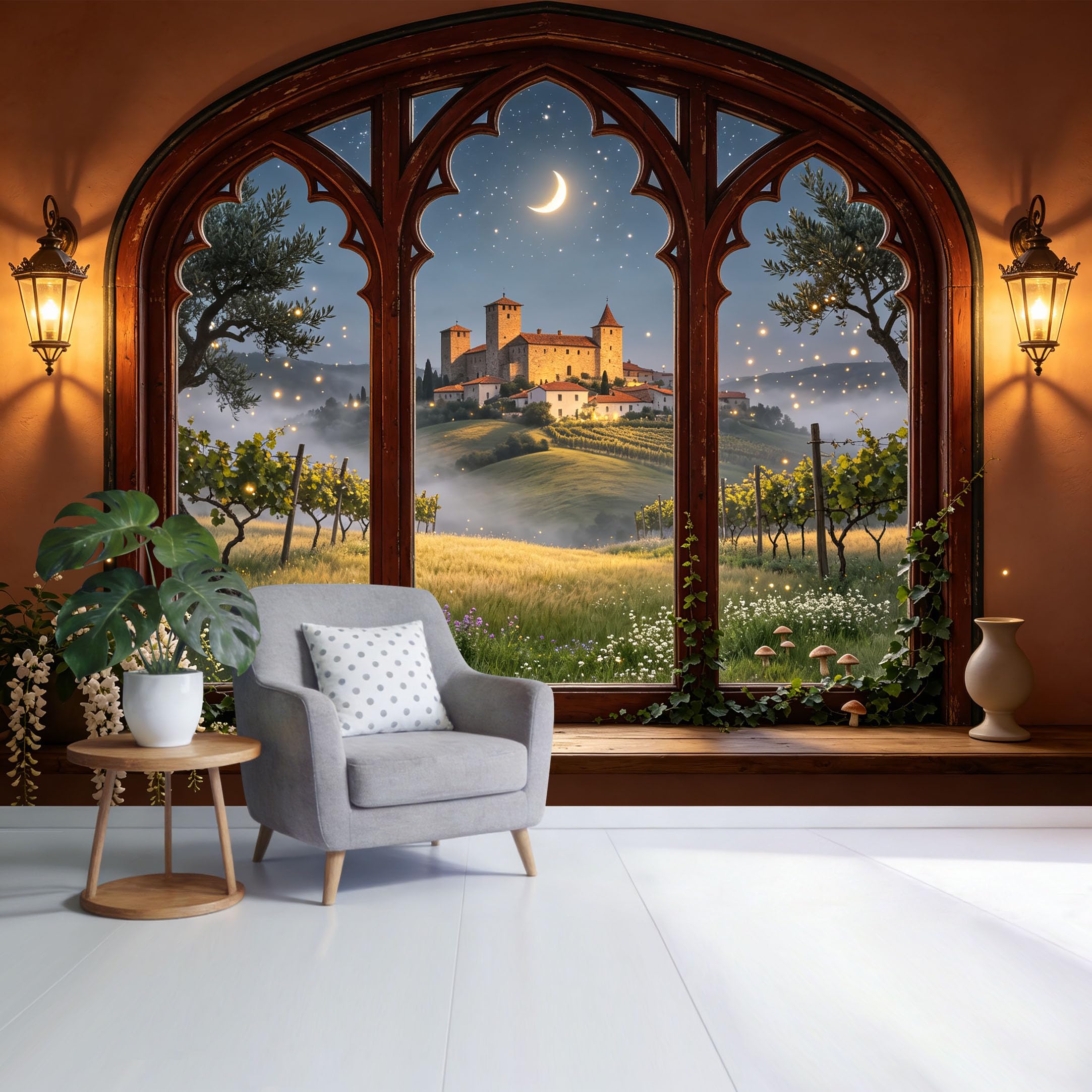 Custom Size Wall Mural Medieval Castle Vineyard Landscape Trompe L'Oeil Removable Self Adhesive Fabric， Home Wall Decor for Living Room Bedroom Bathroom
