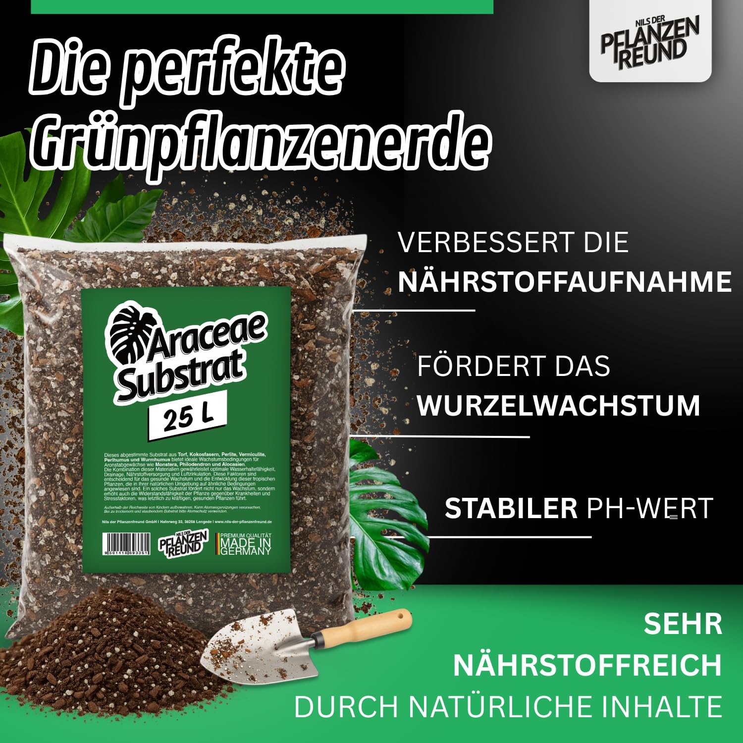 Monstera Erde (25 L) – Araceae Substrat für Monstera, Philodendron & Alocasia, Grünpflanzenerde für Zimmerpflanzen, nährstoffreich für kräftige Wurzeln und gesundes Wachstum