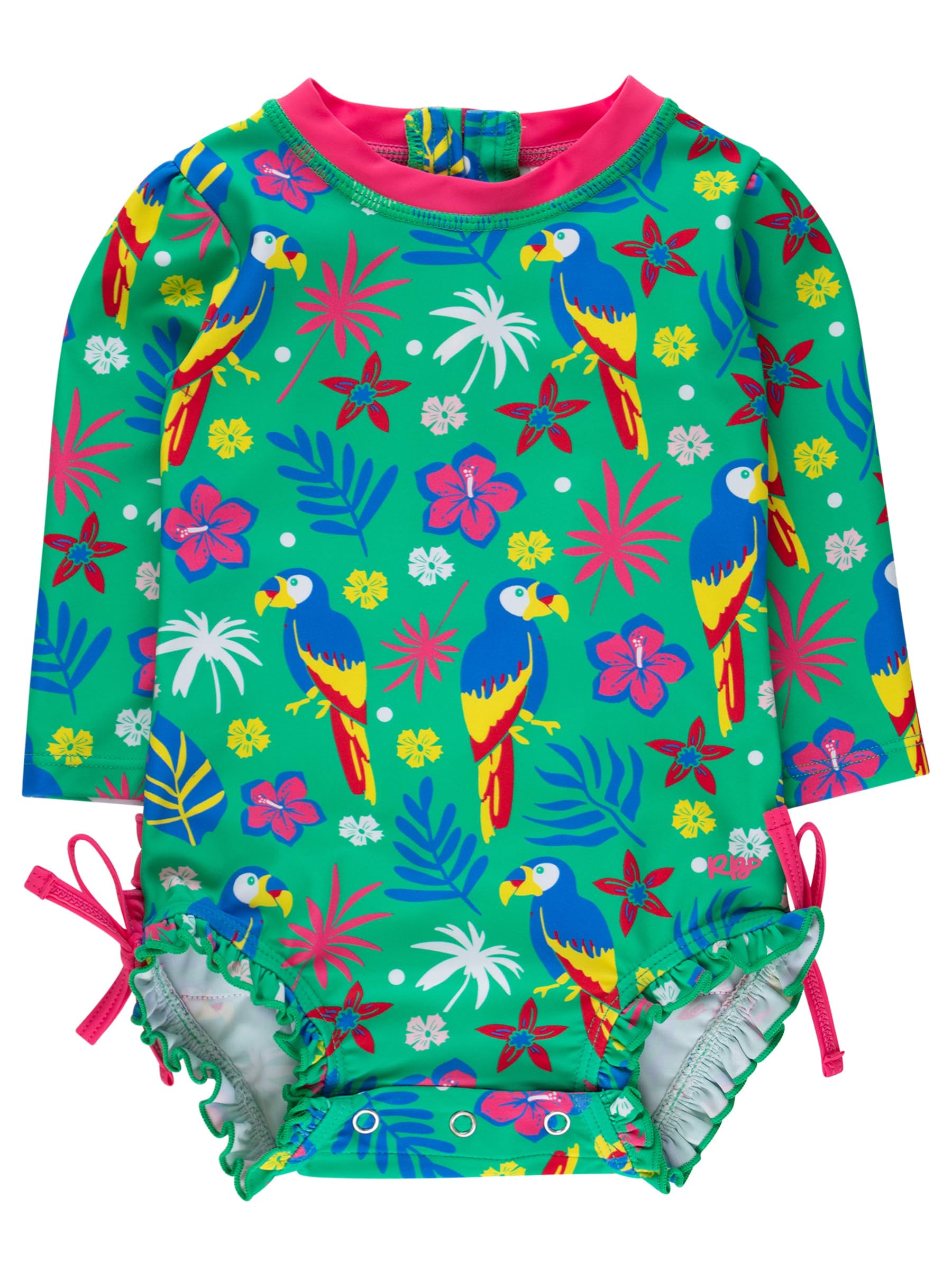 RuffleButts Baby Girls Novelty Baby One Piece - Rash Guard Swimsuit | 80% Nylon 20% Spandex, UPF 50+, Lightweight, Medium Stretch, Full Seat Coverage, Bottom Snaps, Unlined, Infant Beach Swim