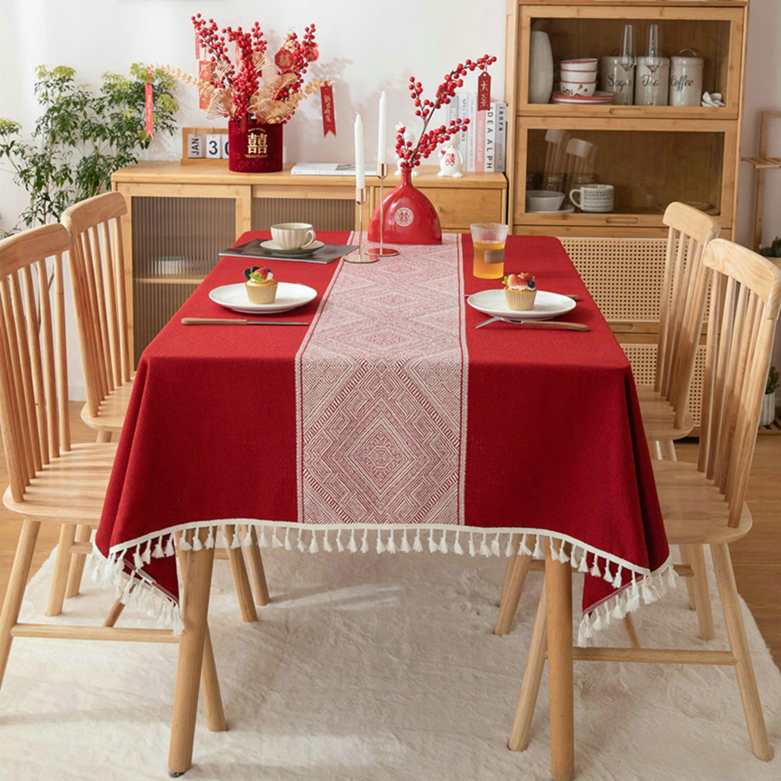 Dunkel Rot Tischdecken Rechteckig 140x300 Polyester Tischdecke Unterlage rutschfest Geometrischer Jacquard Mit Quasten Dauerhaft für Wohnzimmer