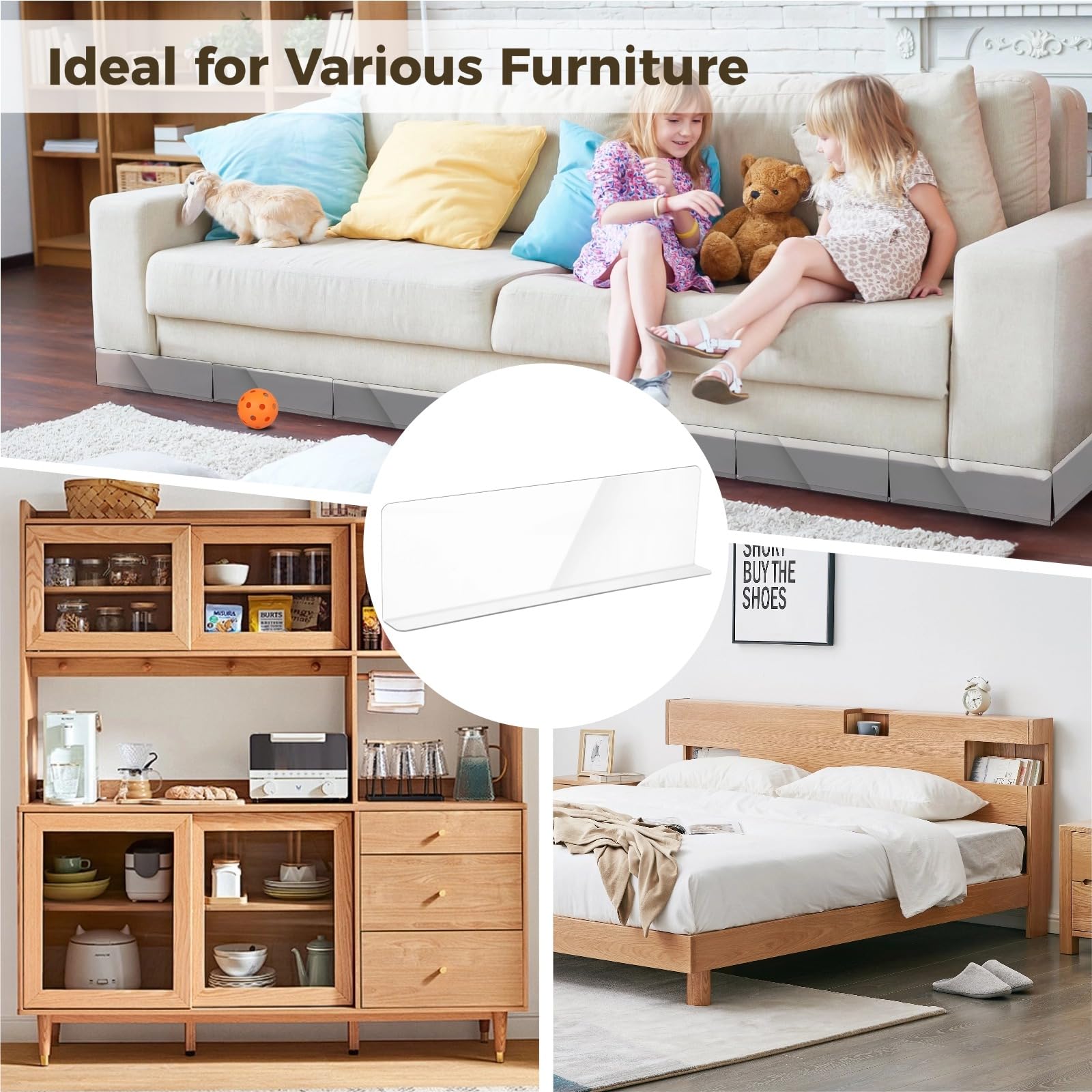 Générique 12 pièces bloqueurs sous canapé, barrières transparentes sous lit, butoirs pour espace sous canapé avec adhésifs puissants, séparateurs transparents pour lit, étagère, entrepôt et meuble