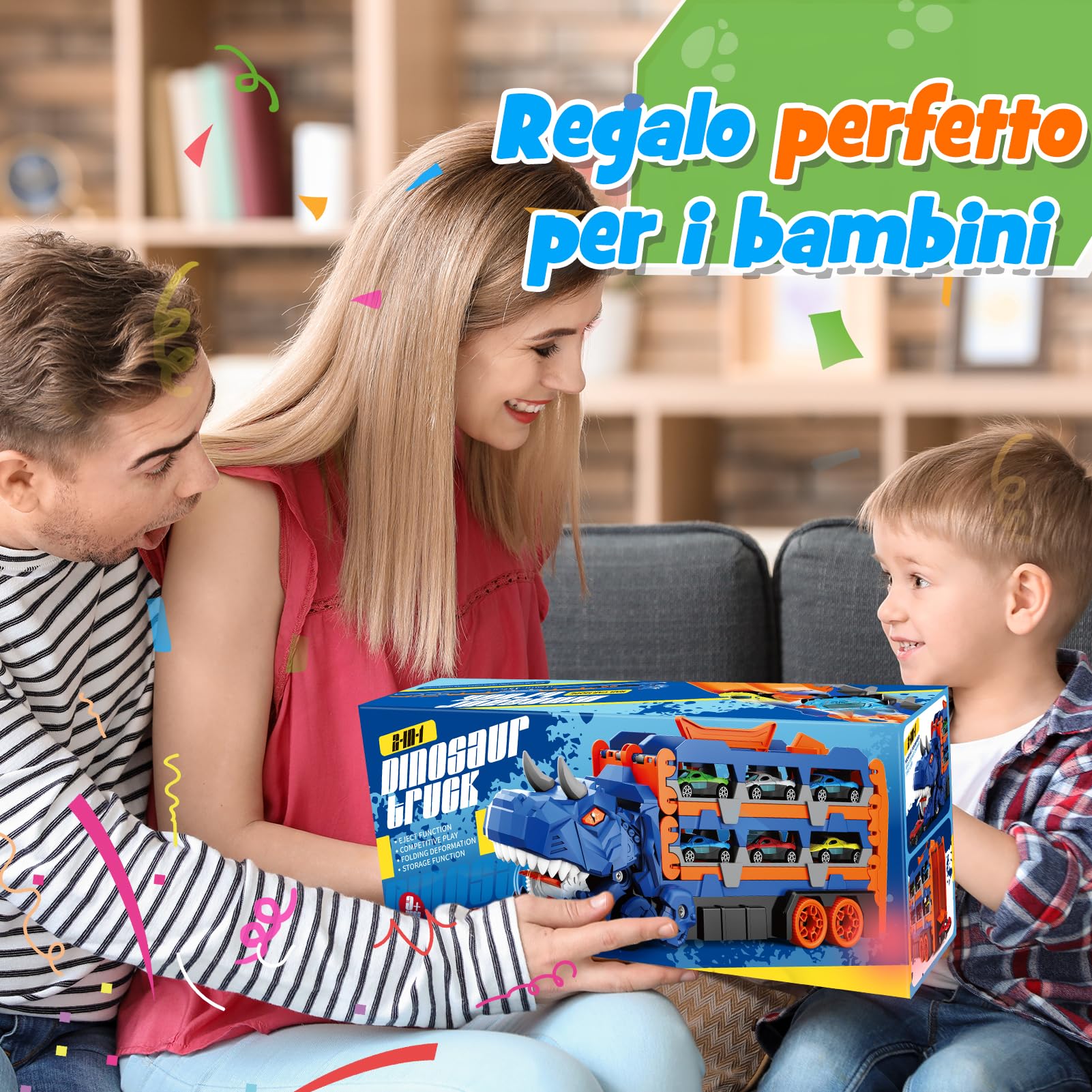 iKidiki Dinosauri Camion Macchinine per Bambini, Gioco Bambino 2 3 4 5 Anni Dinosauri per Bambini Regalo Bambino 2 3 4 5 Anni Camion Giocattolo per Bambini, Traccia Car con 6 Auto da Corsa in Lega