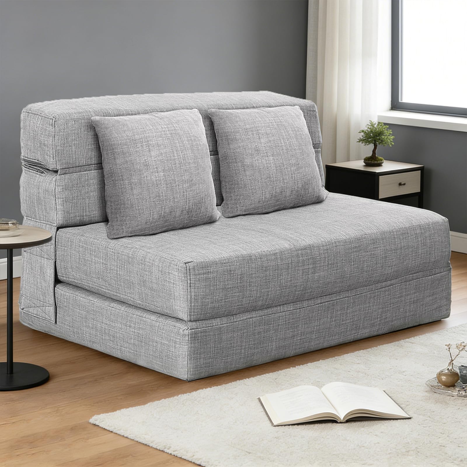 Folding Sofa Bed, Convertible Sleeper Chair with 2 Pillow, Futon Couch | Queen Size Fold Out Chair Bed, Memory Foam Lazy Couch for Living Room Washable Cover, Light Gray