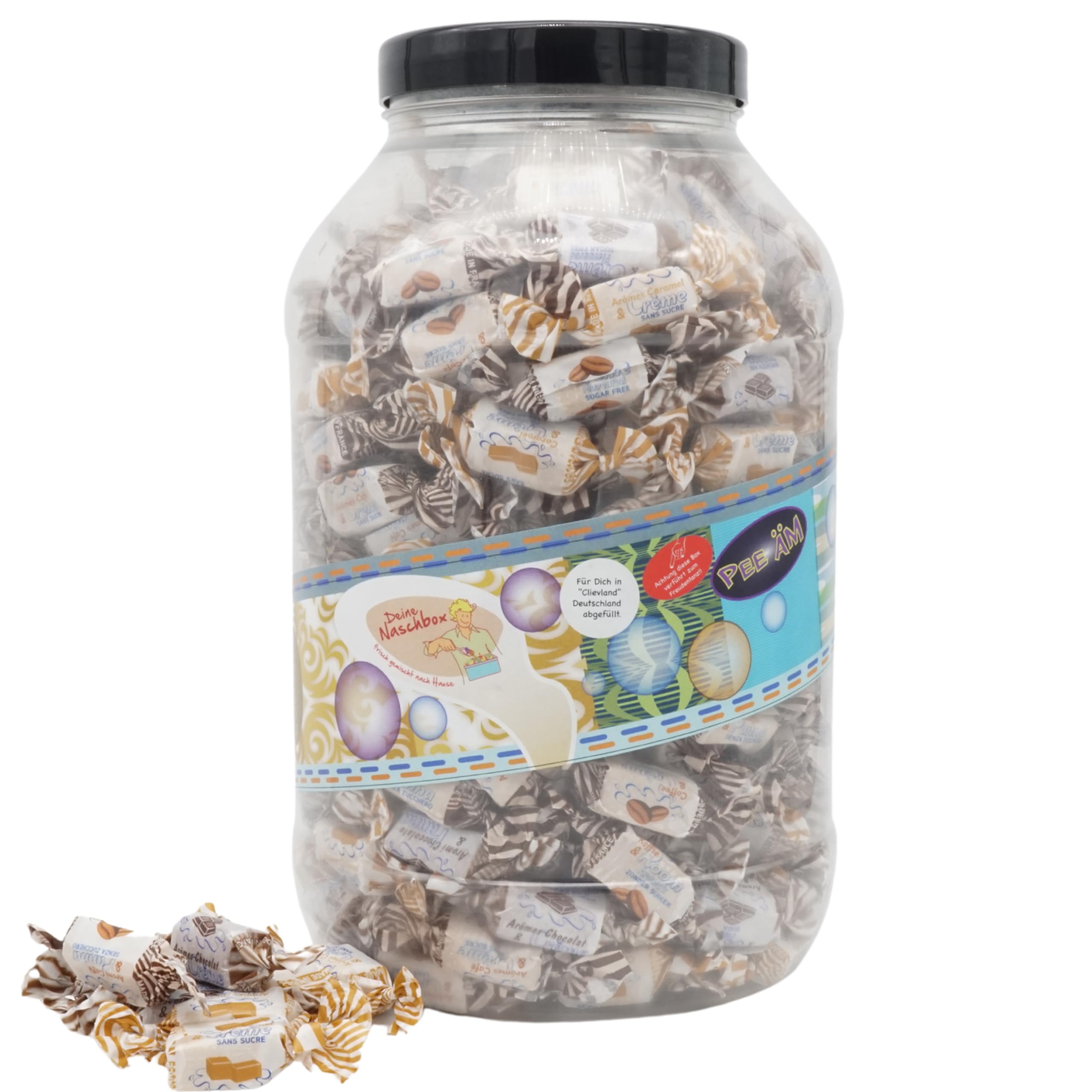 Deine Naschbox | Zuckerfreie Caribbean Creme Toffee Bonbon | 1,5kg Mega Pot | XXL Großpackung | 3 Sorten Mix | Karamell Schokolade & Kaffeesahne
