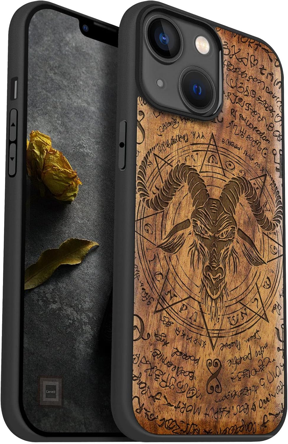 Carveit Magnetic Wood Case for iPhone 14 Case [Natural Wood & Black Soft TPU] Unique & Classy Wooden Shockproof Protective Cover Compatible with magsafe (The Devil -Baphomet -Rosy)