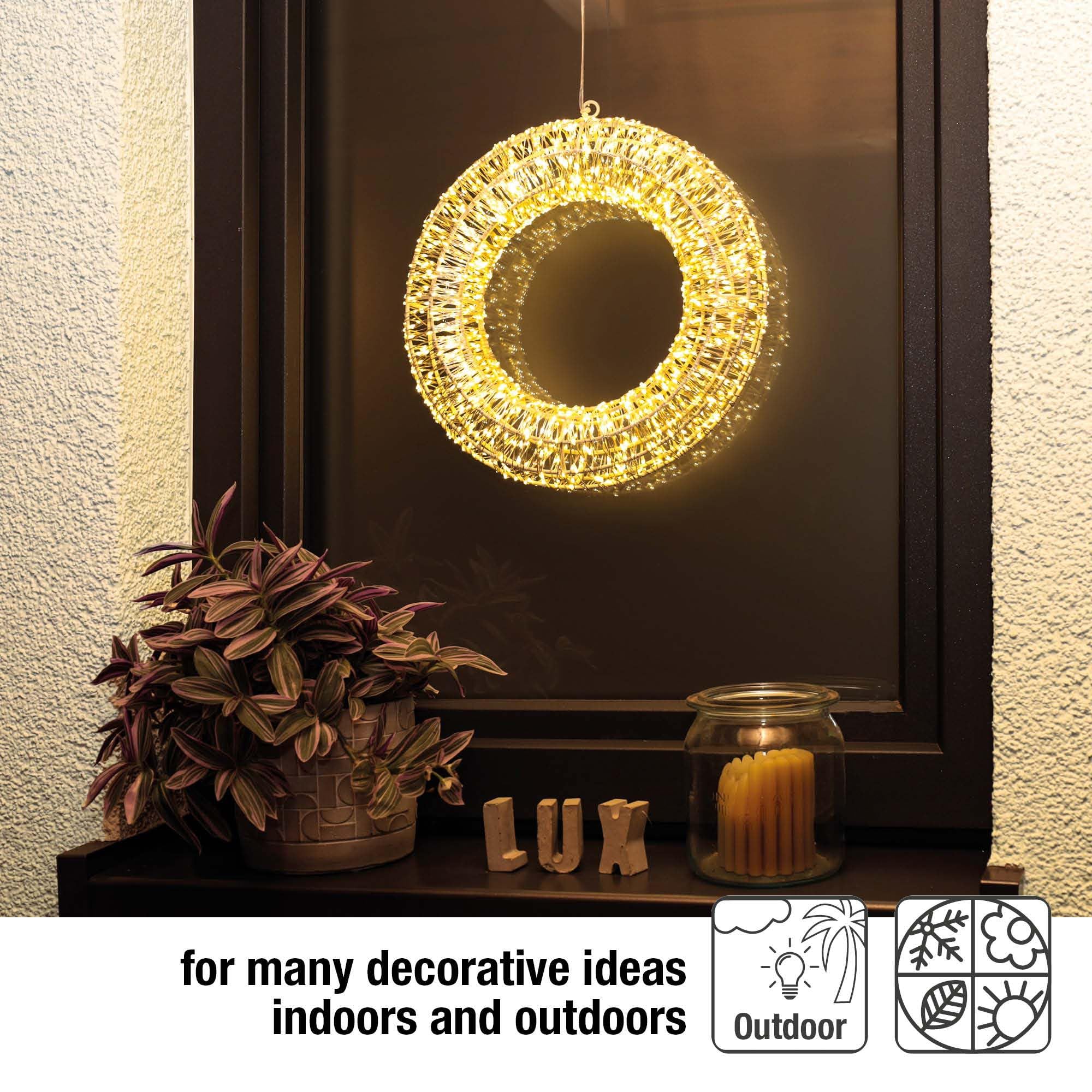 Hellum Guirnalda luminosa LED con temporizador Ø30cm, con perlas de rocío Guirnalda luminosa LED para exterior e interior 1440 luces blancas cálidas, transformador exteriors 153095