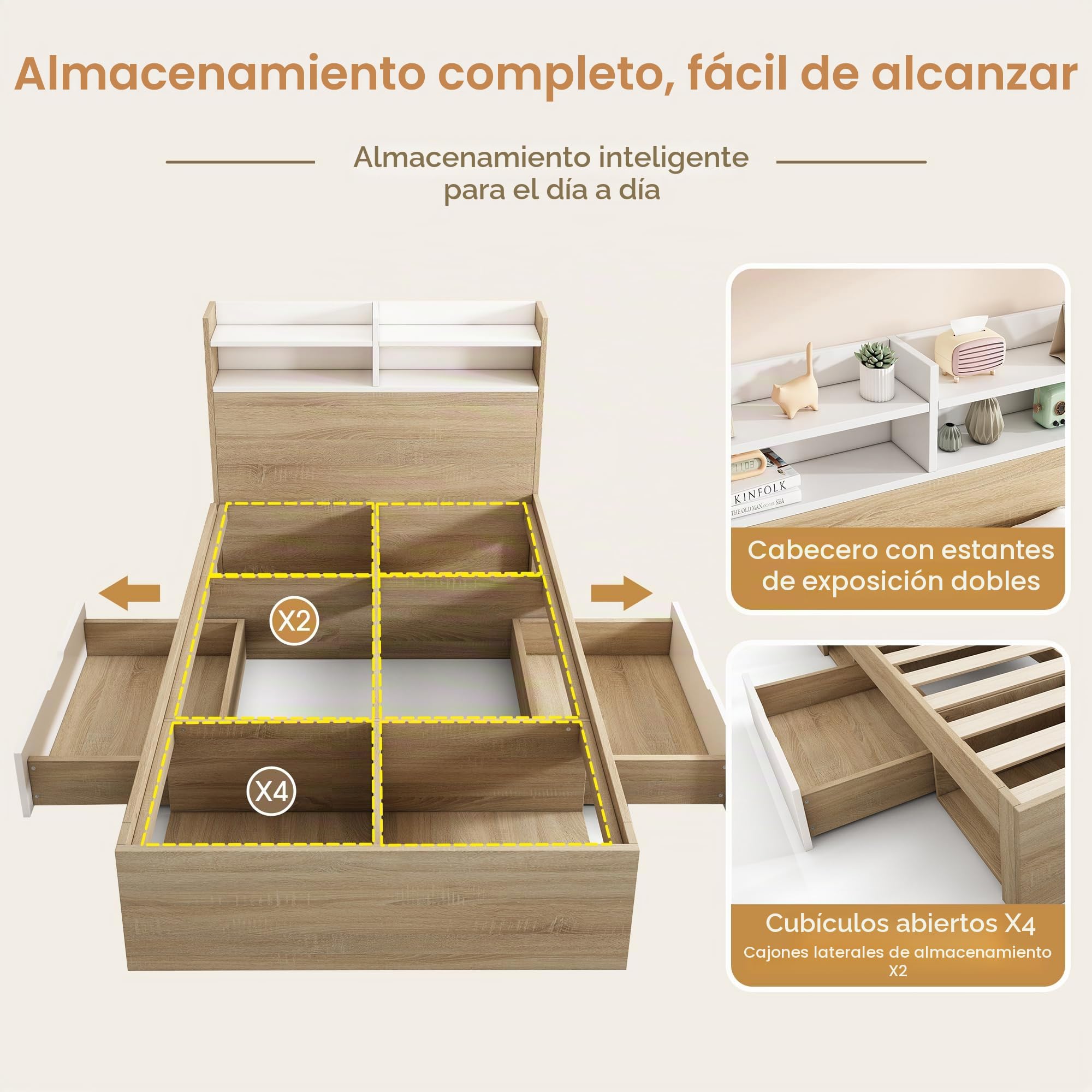 Cama individual 90 x 190 cm, cabecero con estante de almacenamiento, 2 cajones, cama de madera maciza, ideal para habitaciones compactas, sin colchón, natural