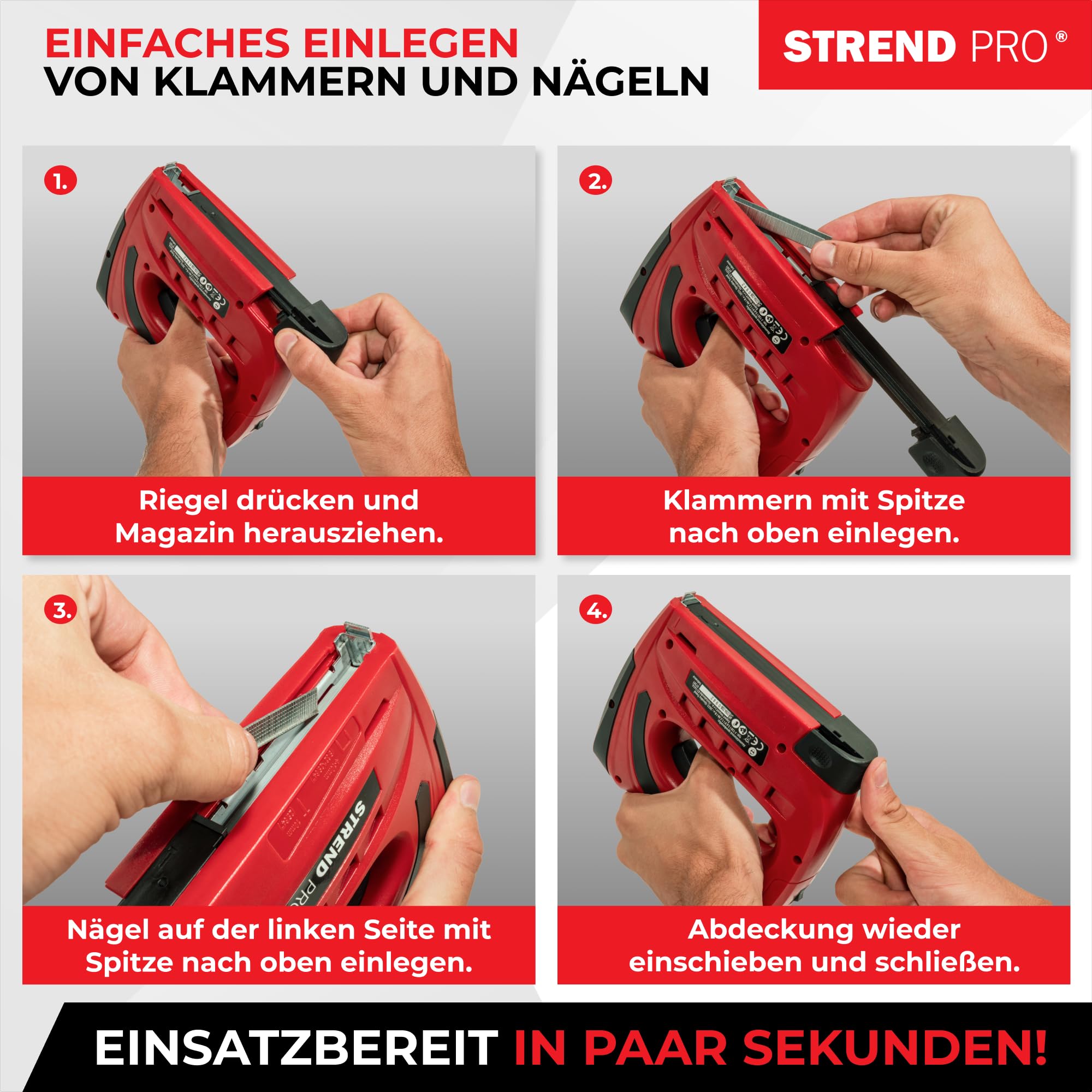 STREND PRO Akku Tacker 1,5Ah Tackerpistole Klammern Typ 53 (4-10 mm) Nägel Typ C1 (10mm) inkl. 400 Klammern 100 Nägel