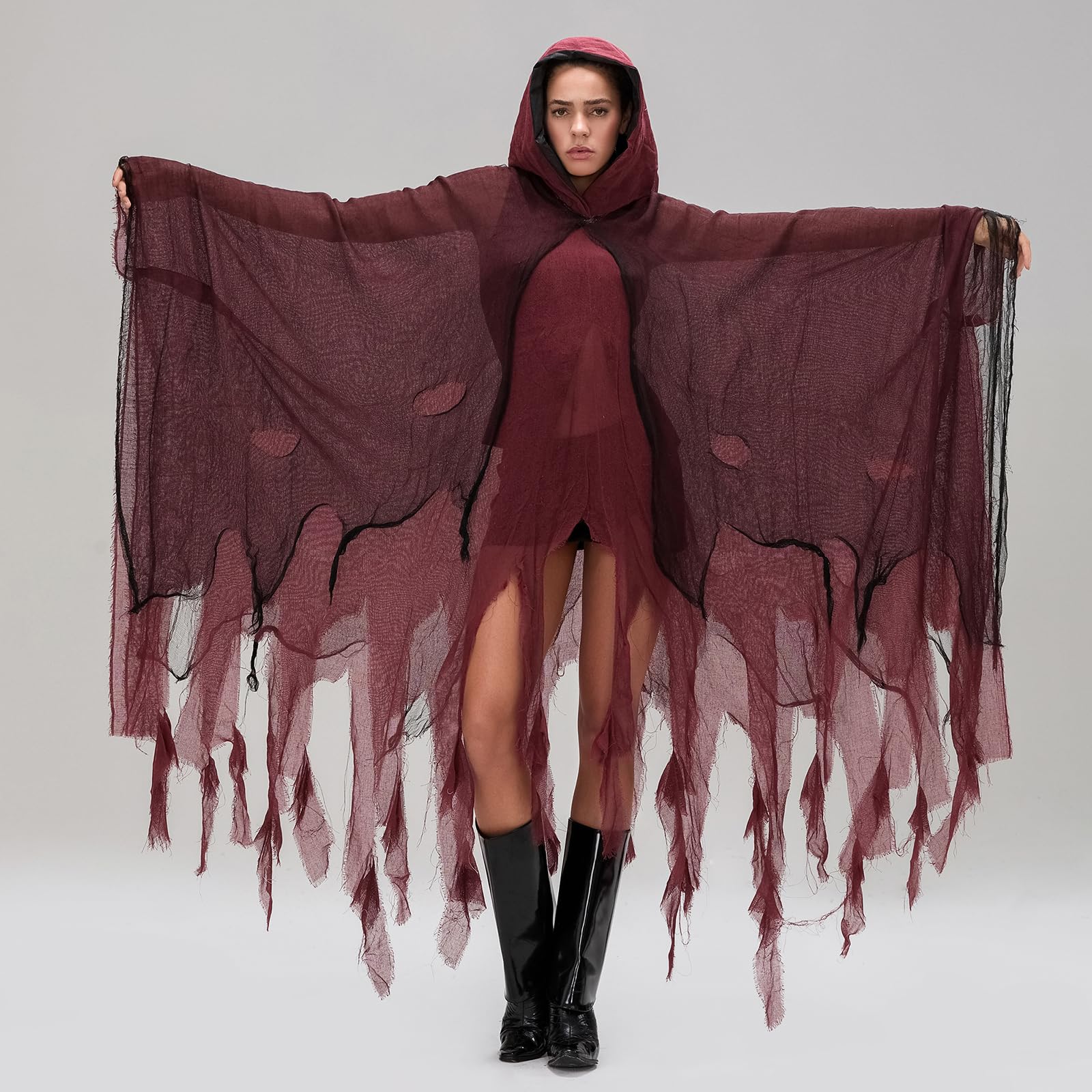 SANSIWU Women's Halloween Ripped Witch Cloak Adults Terrifying Reaper Ghost Cape Medieval Renaissance Scream Grim Cosplay Outfits (A-Red - Image 3