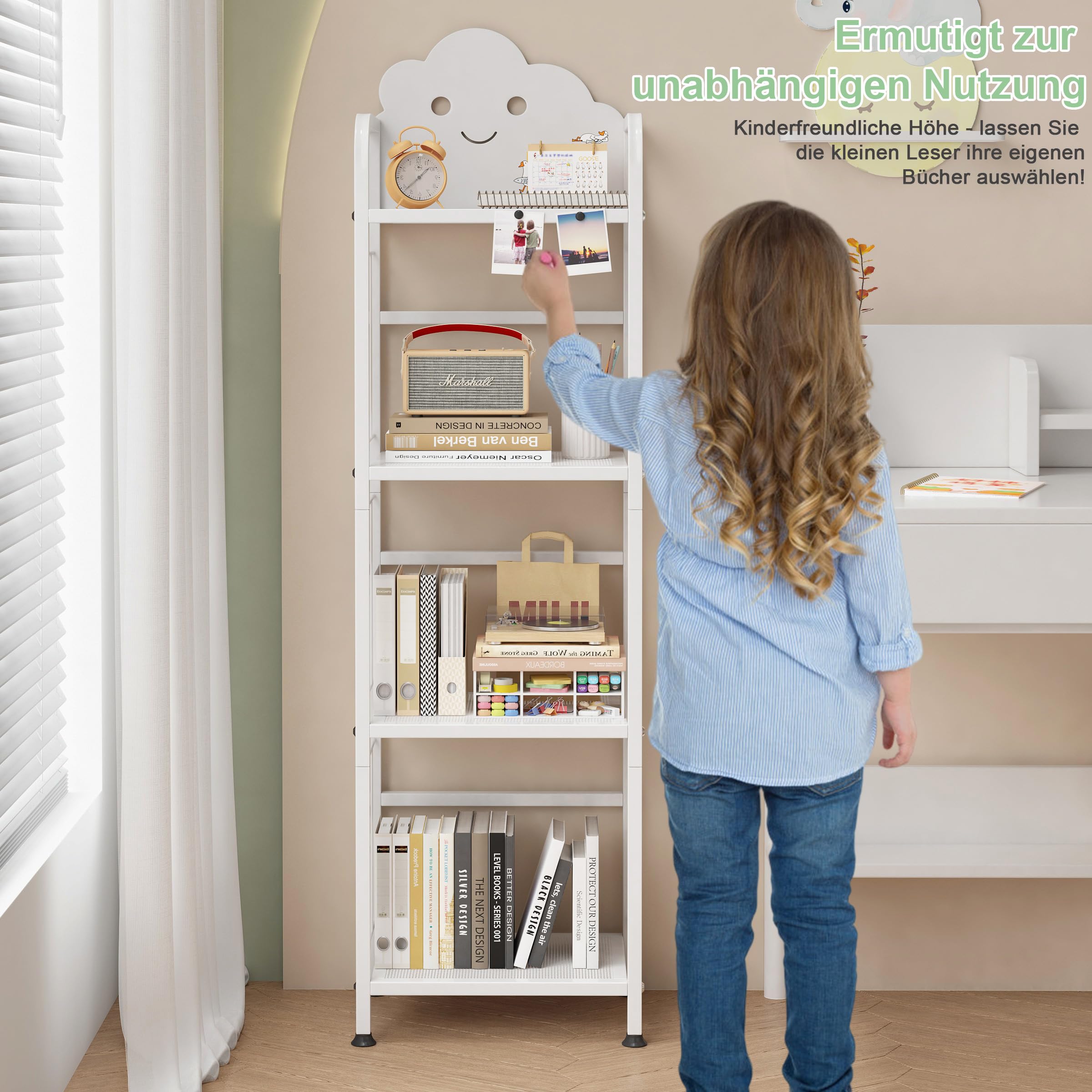 Cute Metal Kinderregal, 4 Etagen Bücherregal Aufbewahrungsregal für Kinder, Standregal mit Magnetische Buchstützen, Büro Arbeitszimmer, Kinderzimmer (Weiß)