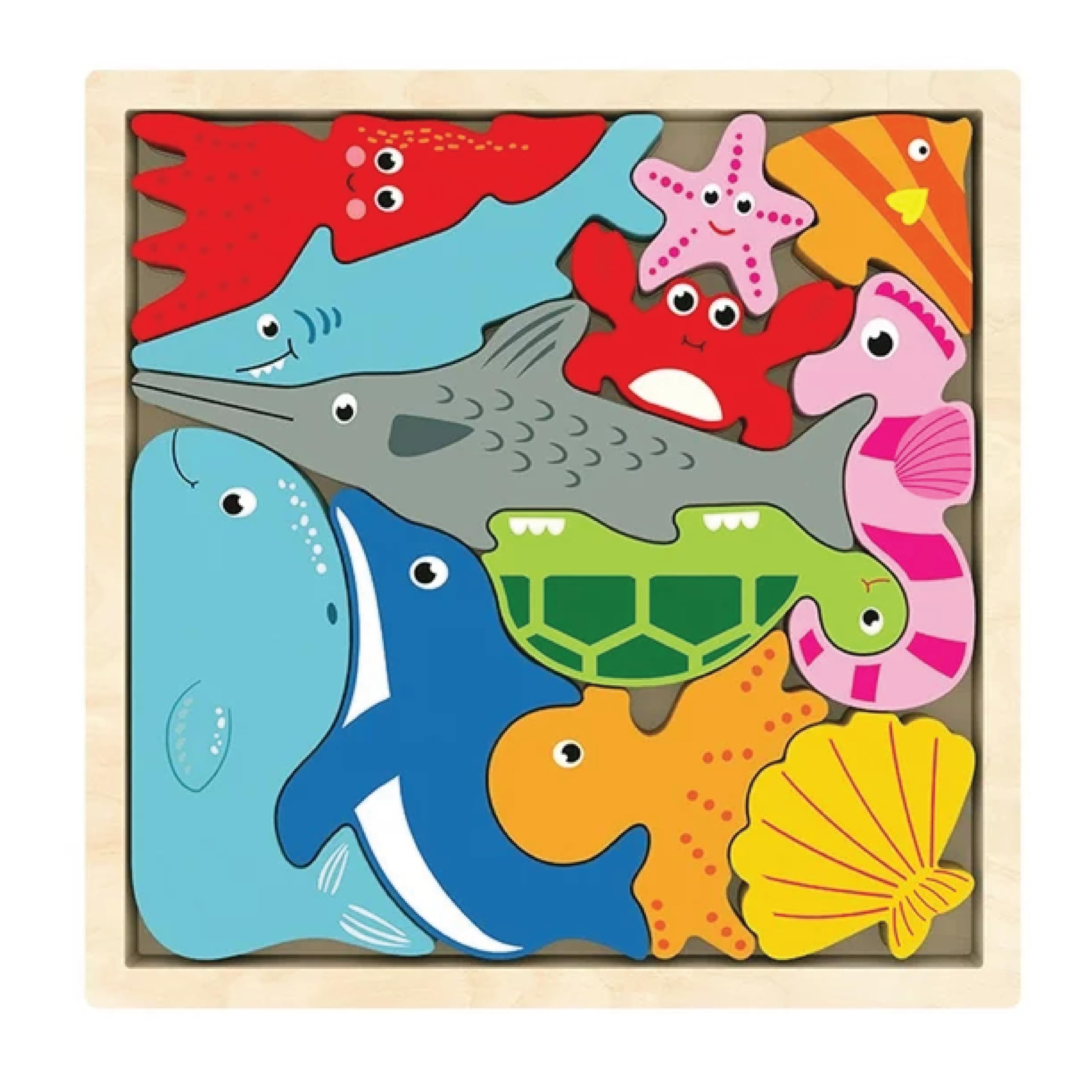 KIDS KINDLY Wooden Sea Animal Puzzle for Kids, Jigsaw Sorting Game, Montessori Puzzle Toy for Toddlers, Shapes Puzzles for Kids, Birthday Gift for Boys & Girls Age 3 4 5 Years