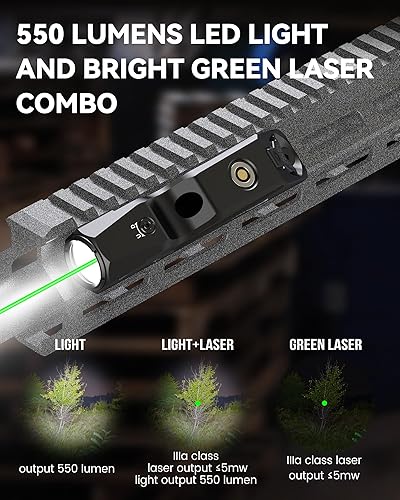 Miniatura 3 de Votatu M9L-G - Mini luz láser combinada compatible con superficie de riel M-Lok, linterna táctica de 550 lúmenes y mira láser verde con función