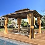 EROMMY 10' x 12' Hardtop Gazebo, Aluminum Frame Gazebos with Galvanized Steel Double Roof, Permanent Outdoor Metal Pavilion with Curtain and Netting for Patio, Lawn, Deck
