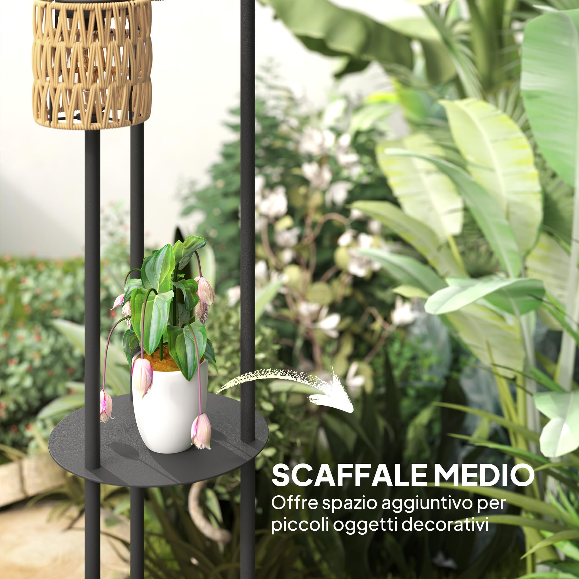Outsunny Lámpara de Pie Solar de 3 Luces Estilo Boho con Estante Central y Base Redonda, Lámpara de Exterior de Ratán PE y Acero, IP44, para Salón, Dormitorio, Negro y Amarillo