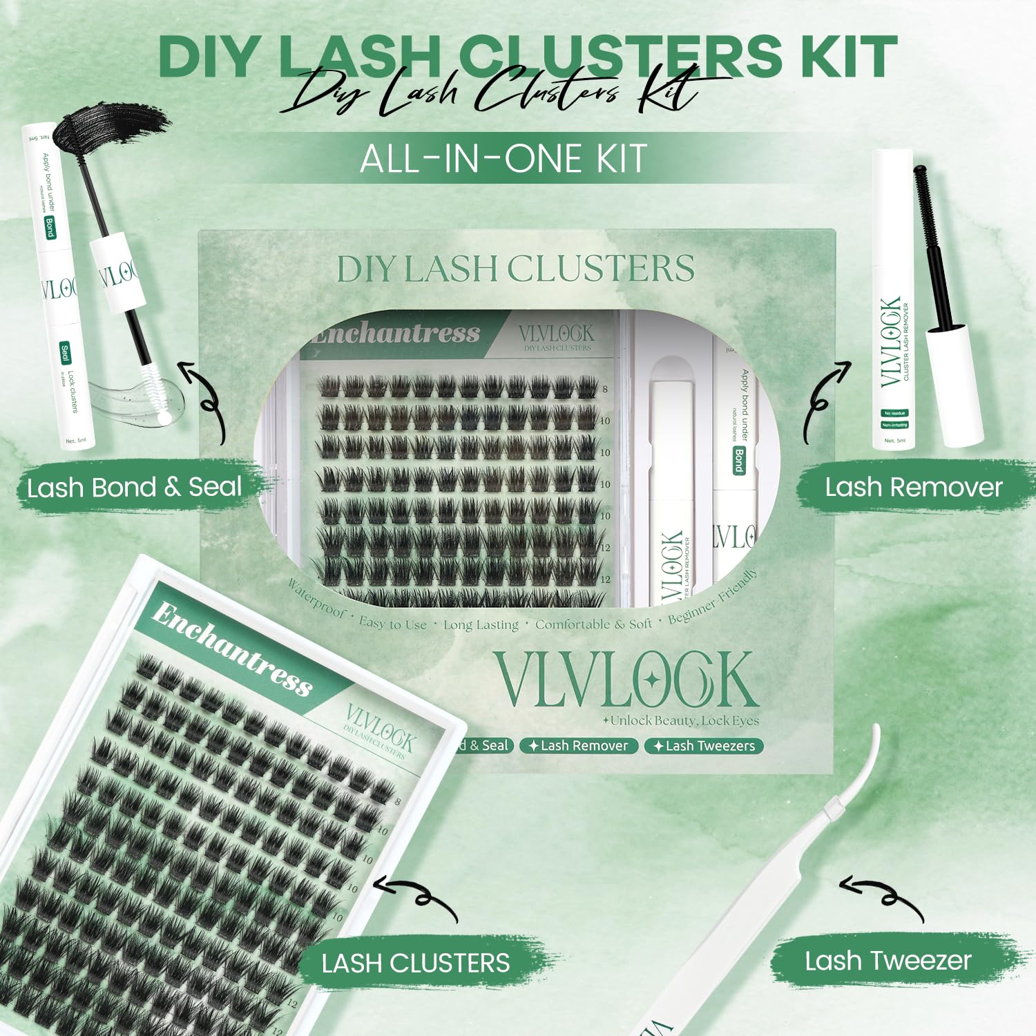 VLVLOCK Enchantress Lash Clusters Kit Short Lashes Clusters 8-14MM DIY Lash Extensions Kit Waterproof Long-Lasting with Ultra-Thin Band Glue Remover Tweezer for Beginners(Enchantress Short Kit 8-14mm) - 4