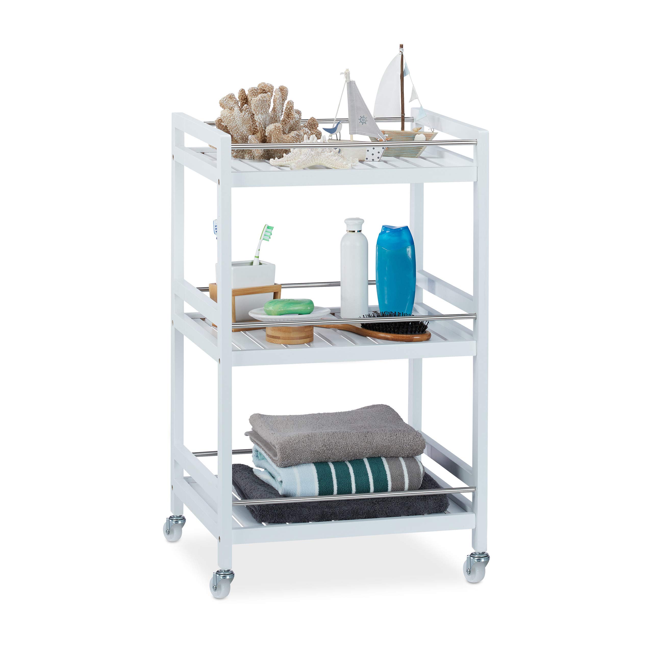 Relaxdays, blanc Desserte de Cuisine Bambou, 3 étages, chariot de service, Roulette 360°, HxlxP 76,5 x 46 x 38 cm, inox, plastique