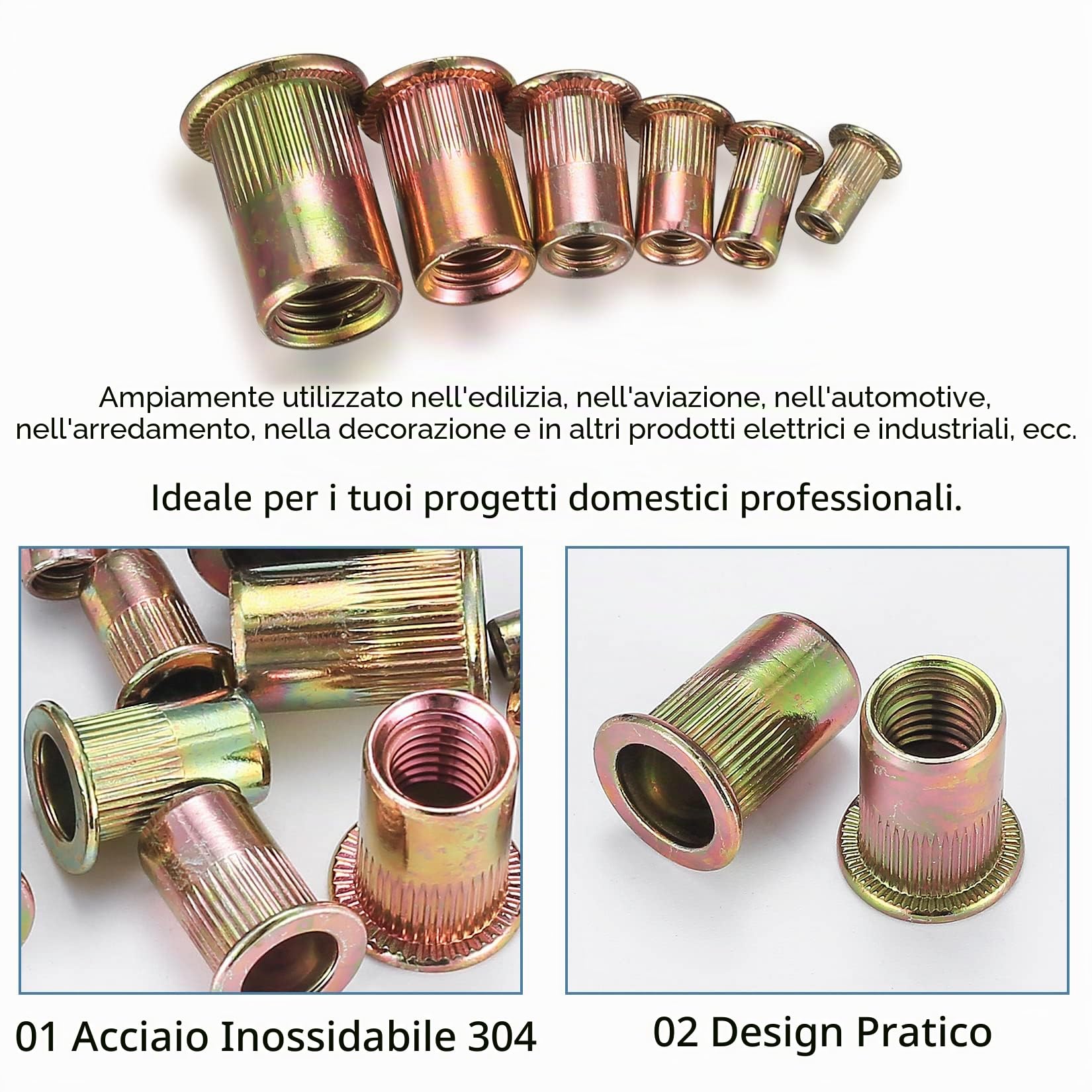 300 pezzi Inserti Filettati M3-M10, Rivetti Filettati in Acciaio al Carbonio, Testa Piatta Tonda, Nutsert Zincati, Dadi Rivettati per Lamiere Metalliche, Legno, Automobili e Applicazioni Varie