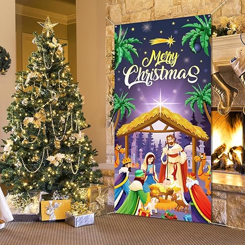 Miniatura 3 de DPKOW Cubierta de puerta de belén de Navidad, pancarta de puerta de belén de Navidad, estrellas nocturnas, decoración de fiesta de natividad para